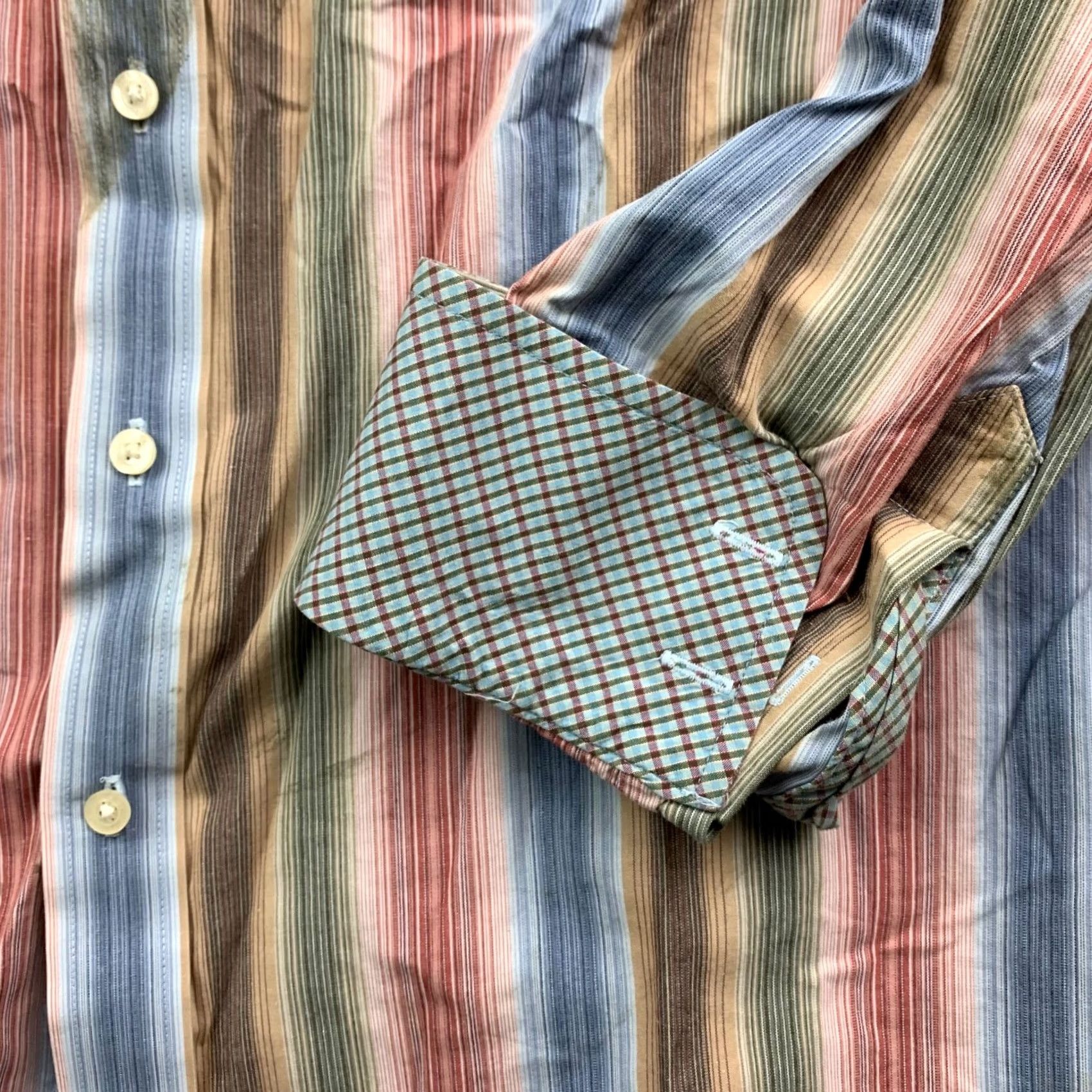 Vintage R&G Men's Cotton Dress Shirt XL Blue/Brown/Red/Green Stripe Flip Cuff Size 46R - 3 Thumbnail