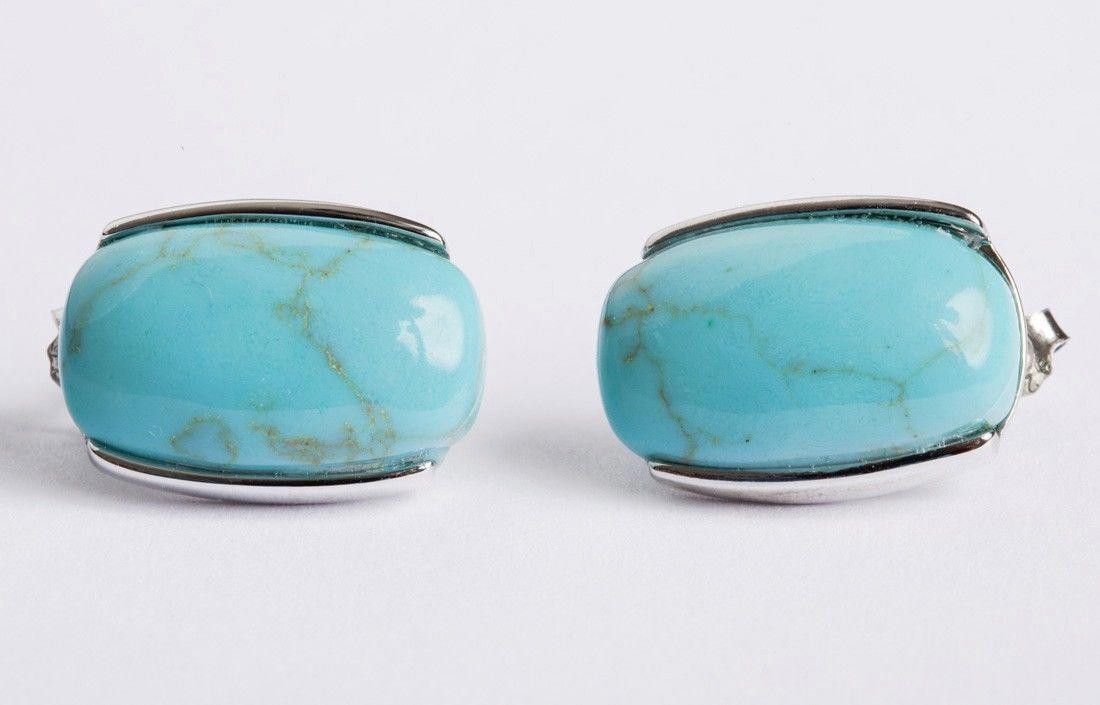 Designer Sterling Silver Oval Turquoise Cabochon Earrings Size ONE SIZE - 1 Thumbnail
