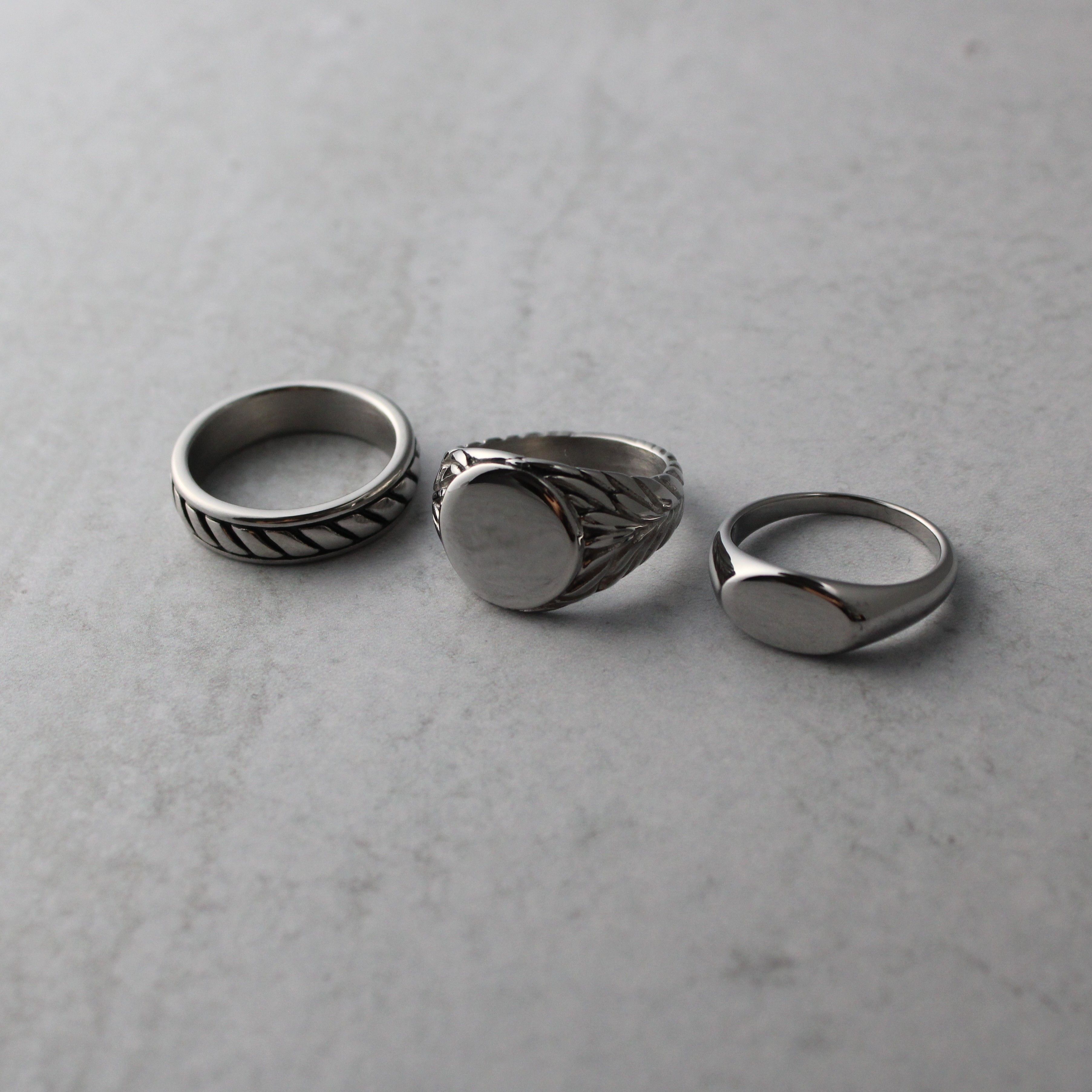 Jewelry Silver Rings Set - Rope Band, Wreath Signet, Oval Signet, Men's