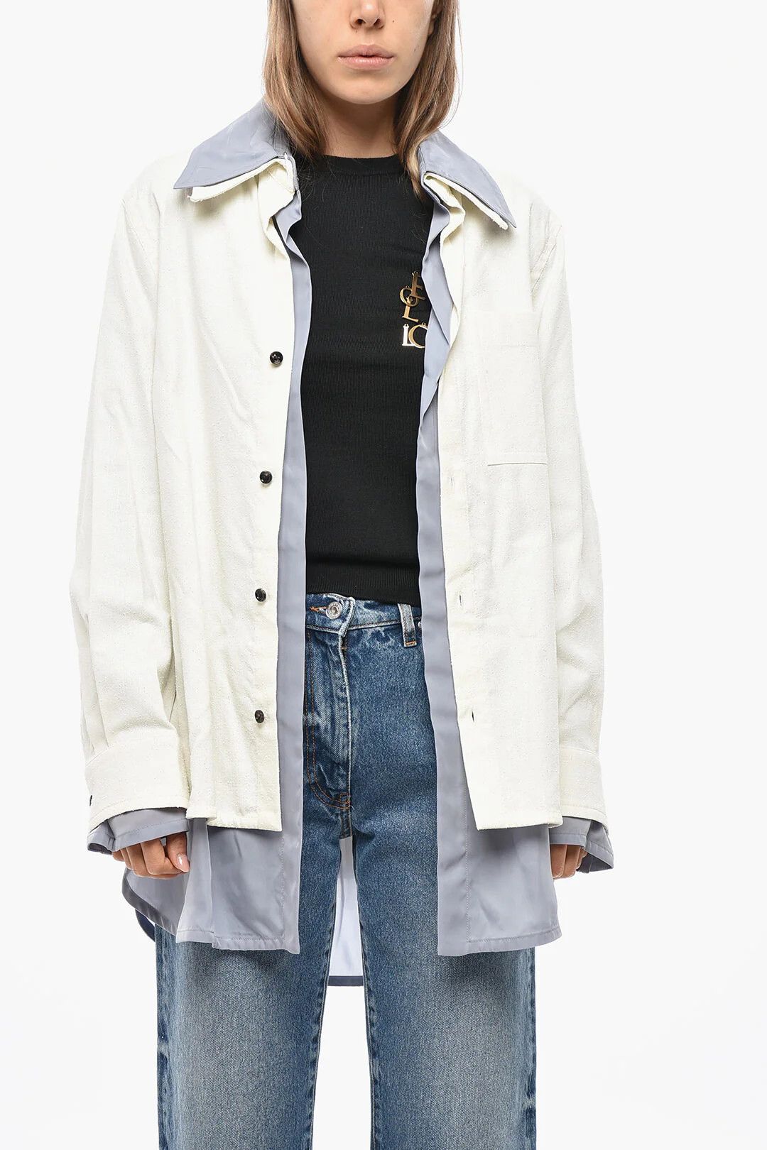 Bottega Veneta og1mm0426 Double-Fabric Relaxed-Fit Shirt in White Size XS / US 0-2 / IT 36-38 - 1 Thumbnail
