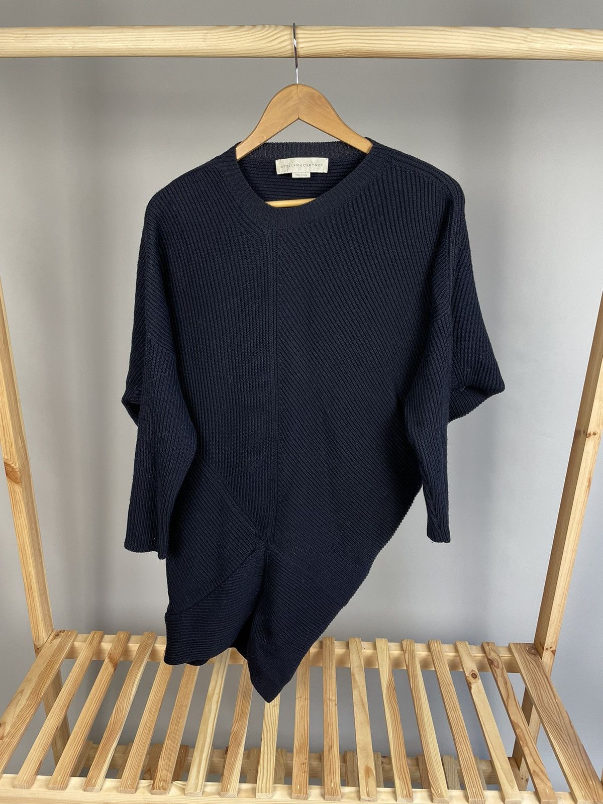 image of Stella Mccartney Ribbed Wool Crew Neck Asymmetrical Sweater in Dark Blue, Women's (Size XS)