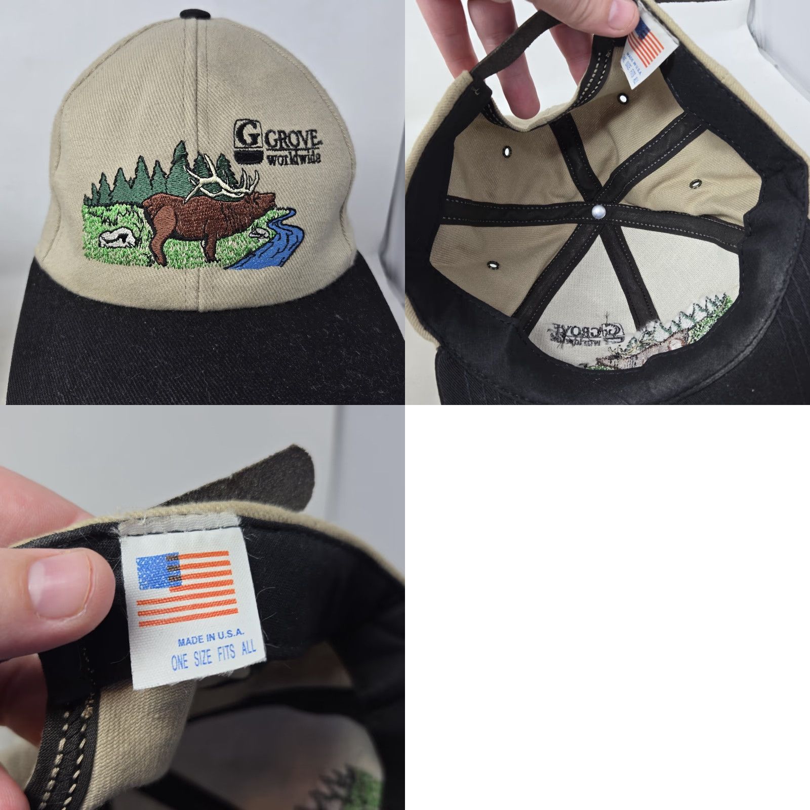 Vintage VINTAGE Grove Worldwide Hunting Hat Cap Tan/Black Canvas Strapback USA Embroidered Elk Outdoors Outdoors/Grove Worldwide Men Size ONE SIZE - 8 Thumbnail