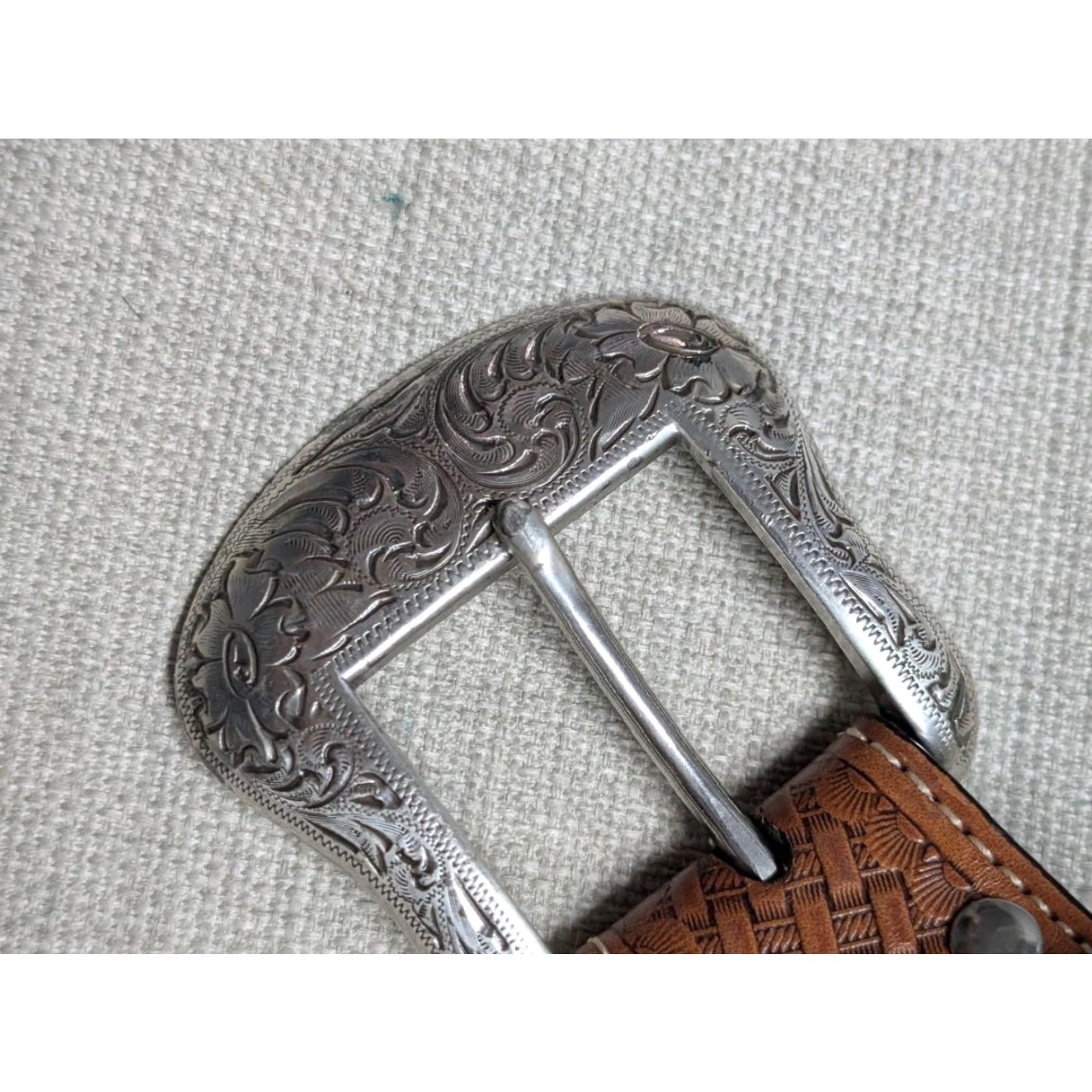 Vintage VINTAGE NOCONA belt Western Leather buckle studded cowhair ends Rhinestone 42 Size 42 - 4 Thumbnail