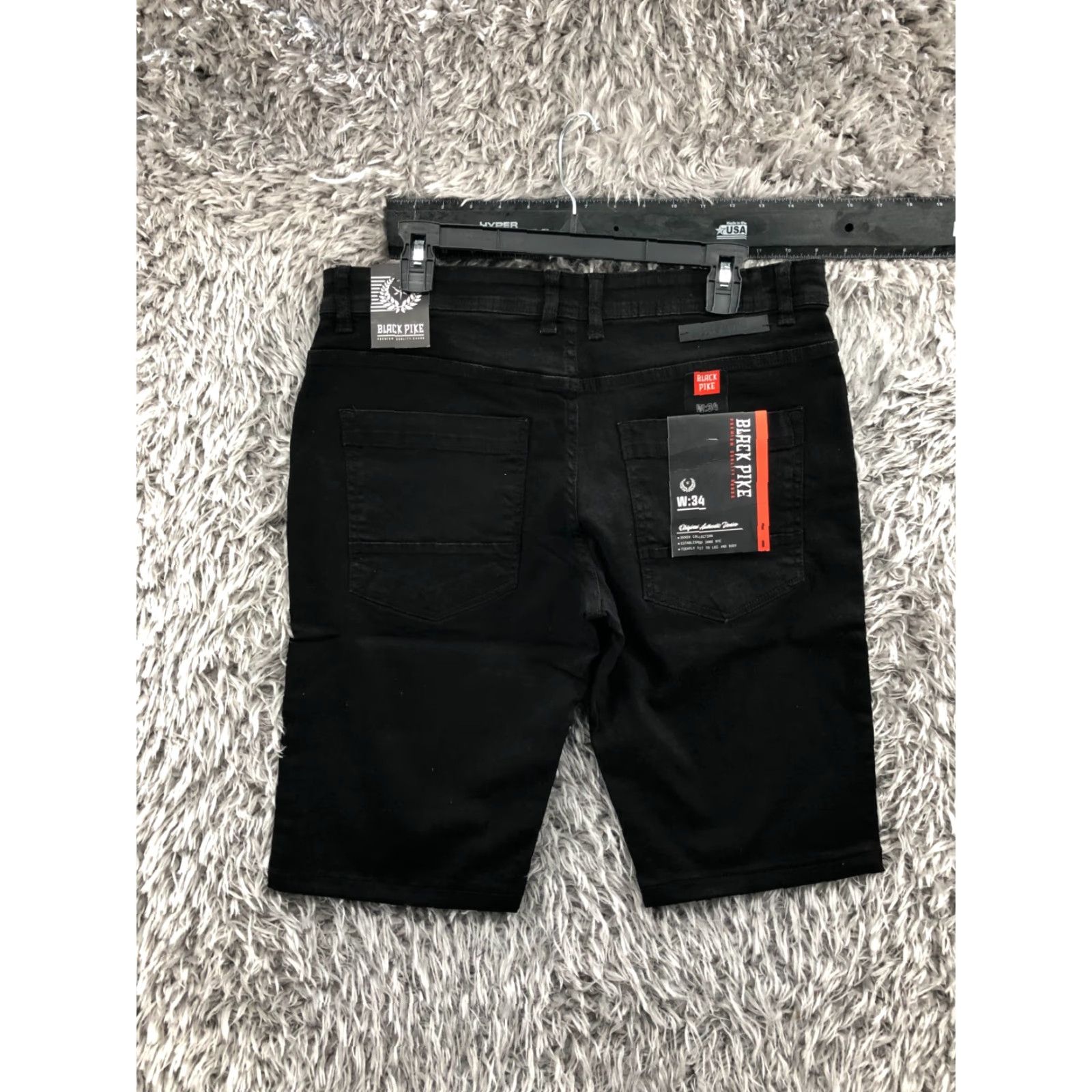 Vintage Black Pike Shorts Mens Regular Denim Bermuda 34 Dark Black Orange Logo Pockets Belt Loops 5-Pocket Size US 34 / EU 50 - 3 Thumbnail