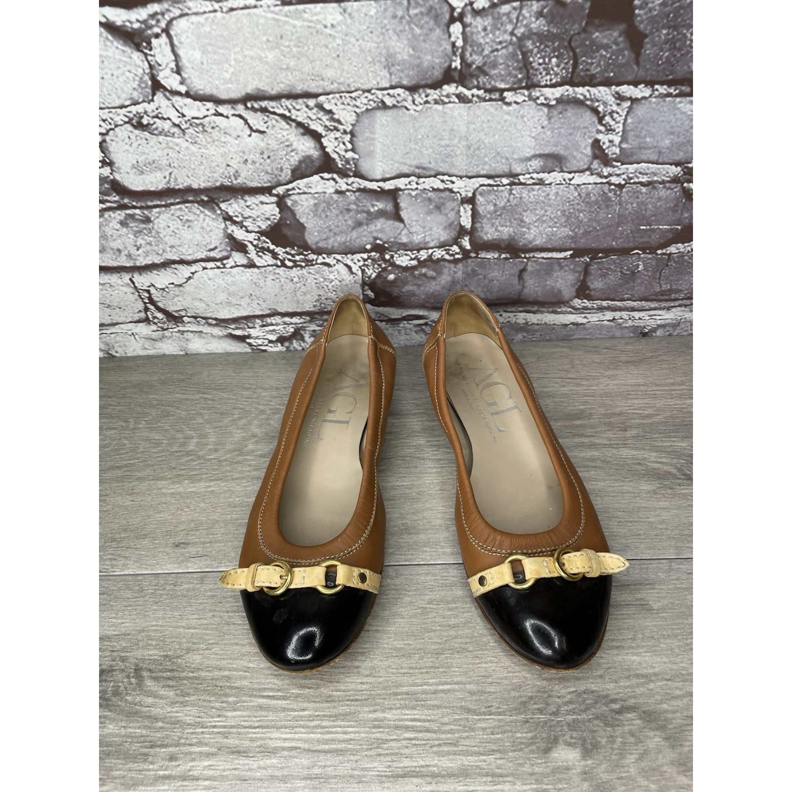 AGLINI AGL SPECTATOR Brown Leather Black Patent Cap Toe Ballet Flat Size US 6 / IT 36 - 2 Thumbnail