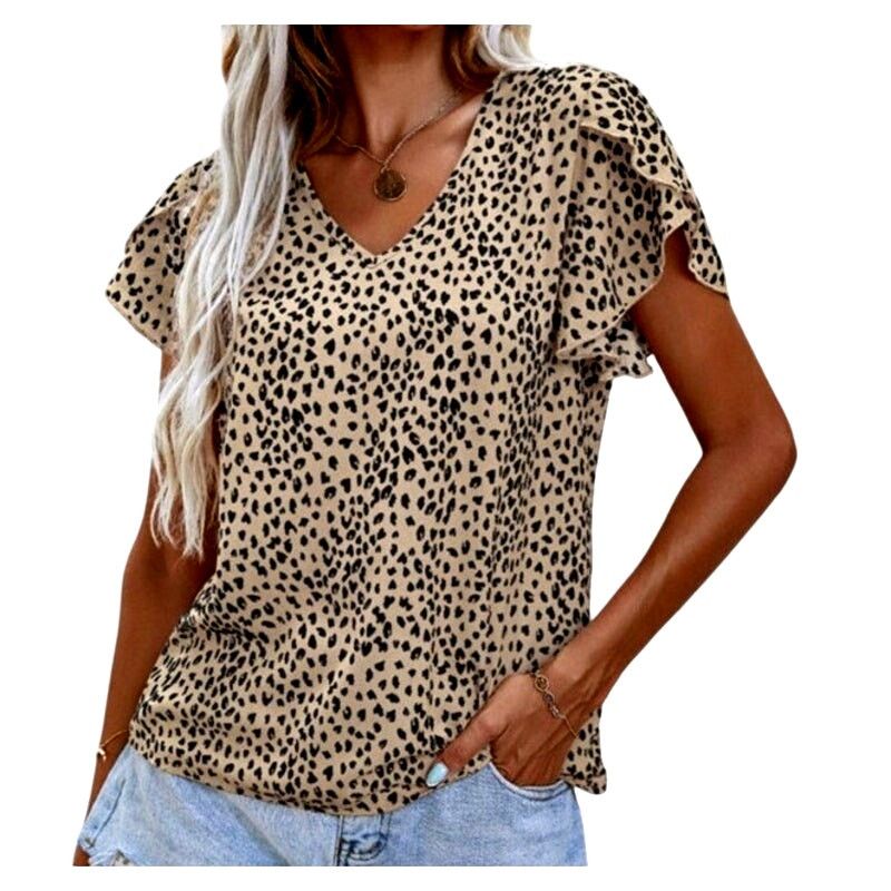 Shein Shein Tan Black Leopard V-Neck Petal Short Sleeve Top Size S / US 4 / IT 40 - 1 Thumbnail