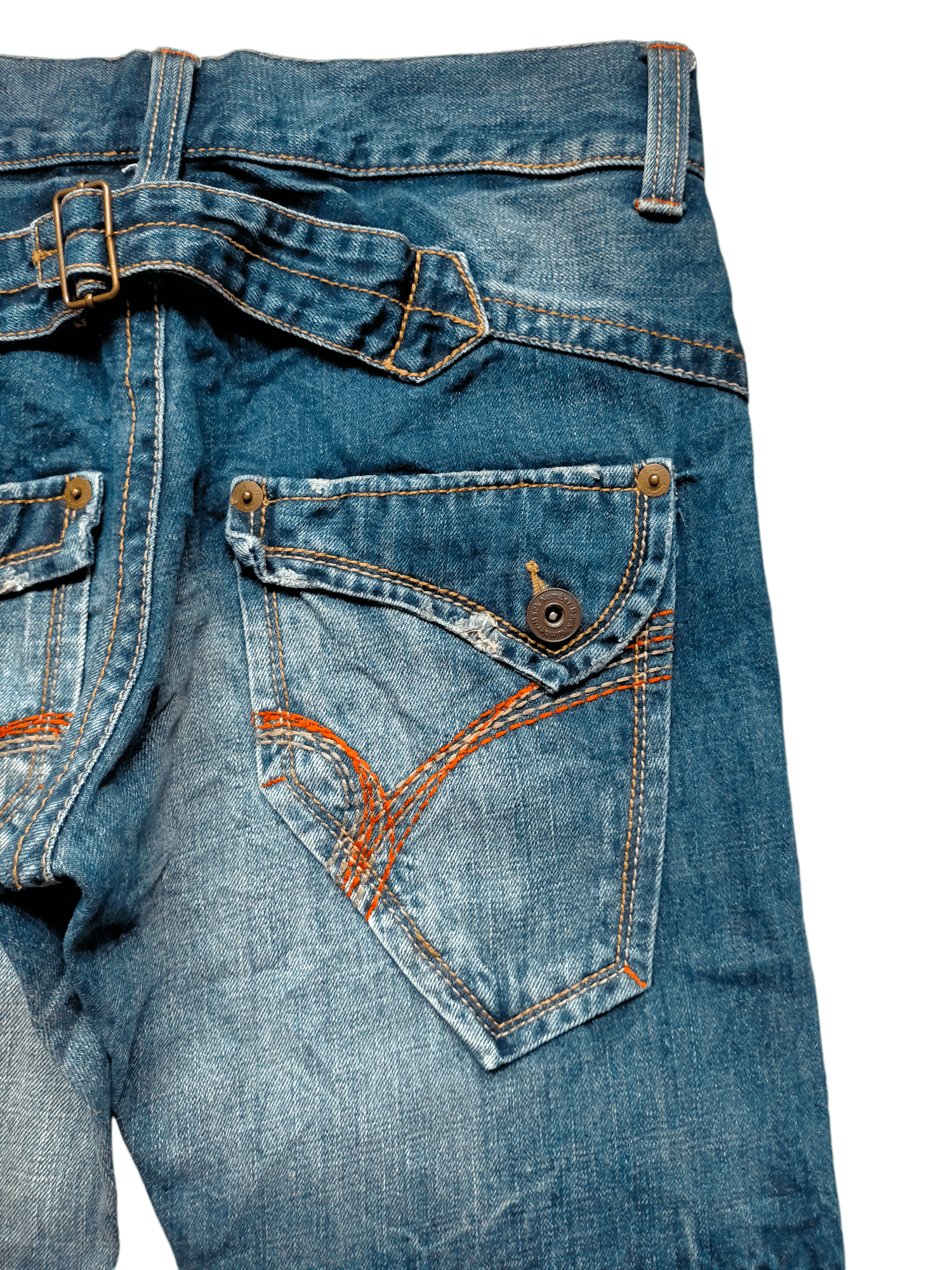 Back Number Acid Wash Bucklle Back Denim Pants