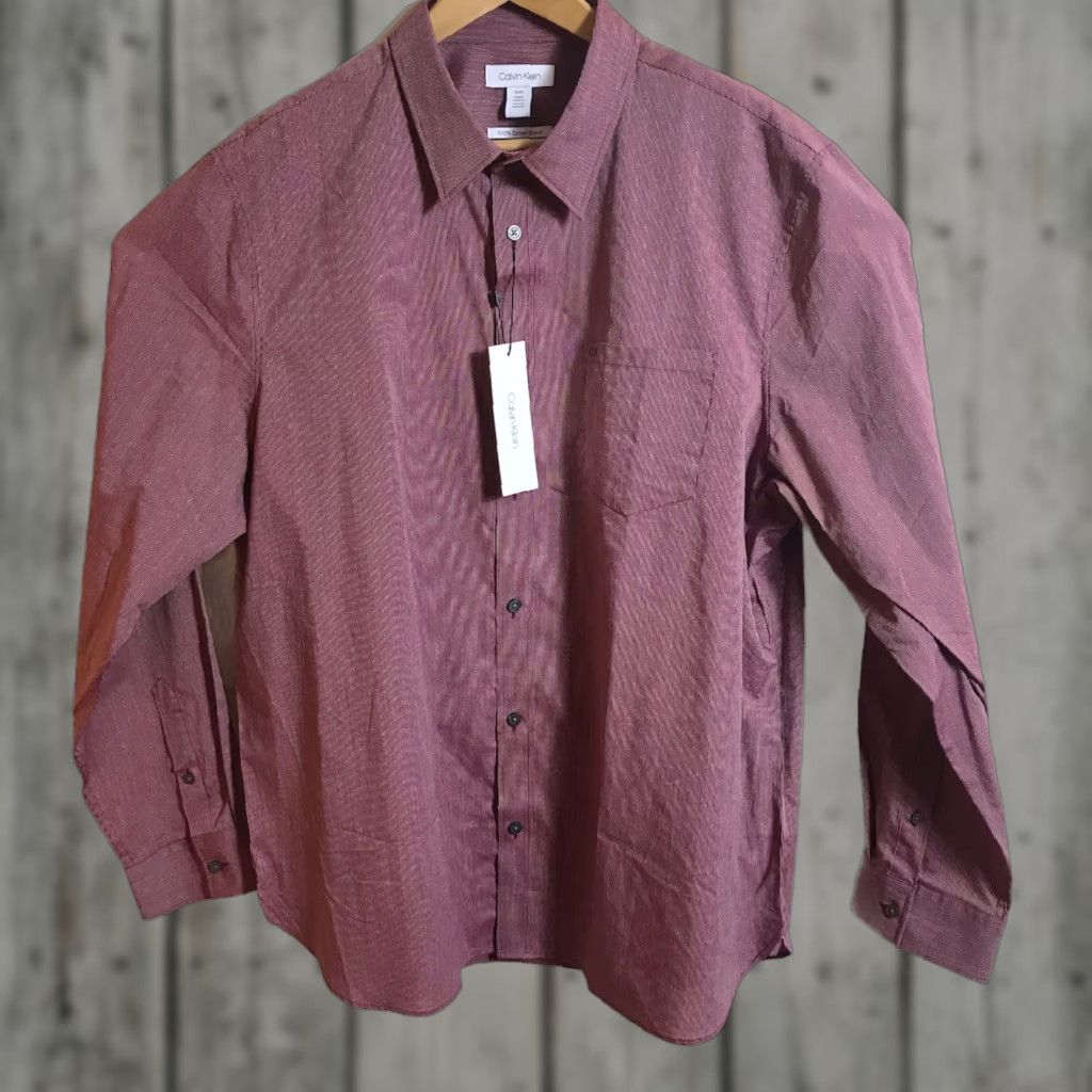 Calvin Klein Shirt Men XL Long Sleeve Button-Up Red Stripe Deep Lava New