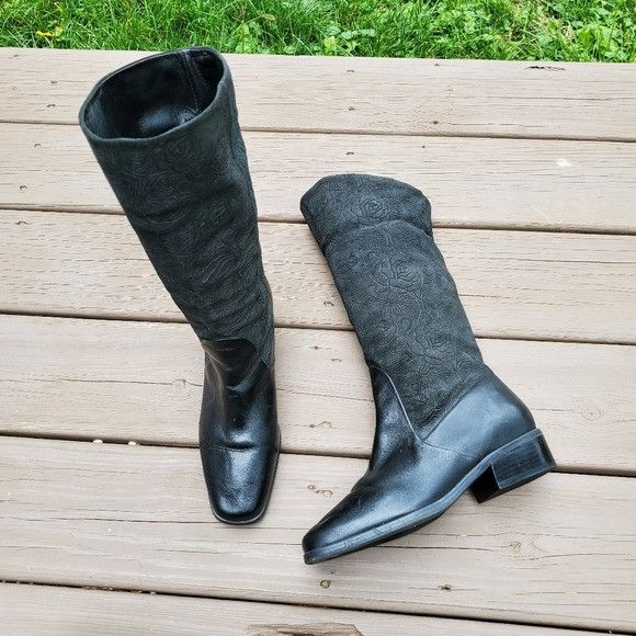 Vintage Vintage 90s y2k Black Floral Leather Fold Over Chunky Boots Size US 8.5 / IT 38.5 - 8 Thumbnail