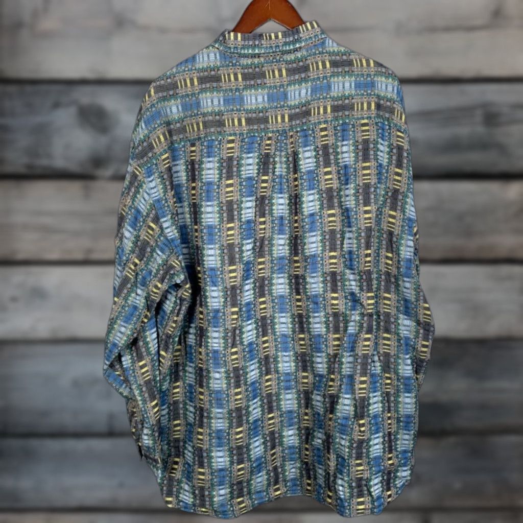 Vintage Jhane Barnes Shirt Men's XL Blue Yellow Hypnotic Check Plaid Pattern (flaws) Button-Up Long Sleeve Collared Cotton Vintage No Size US XL / EU 56 / 4 - 1 Thumbnail