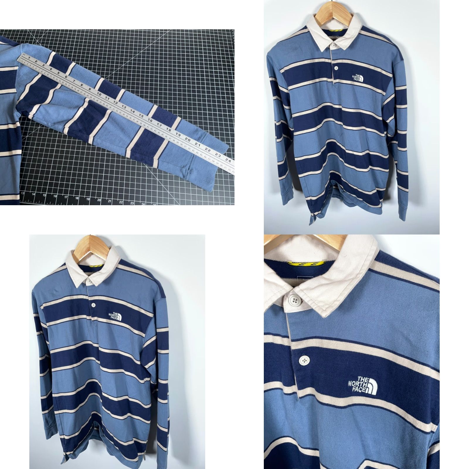 The North Face Rugby Polo Shirt Men's Large Blue Stripe Preppy Long Sleeve Embroidered