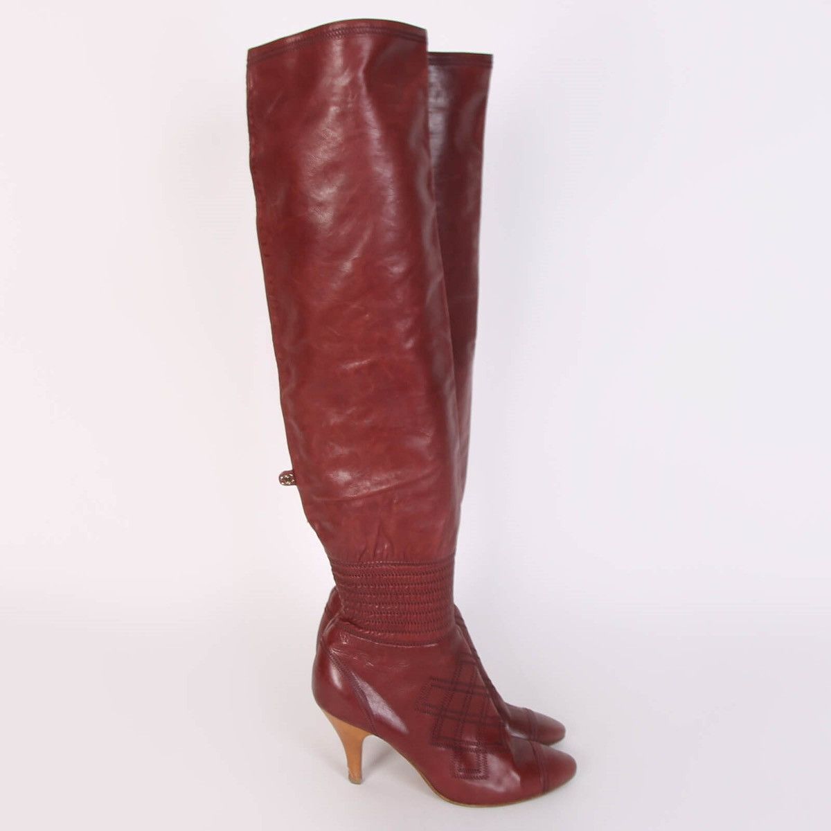 CHANEL QUILTED LEATHER HIGH HEEL BOOTS Dark red