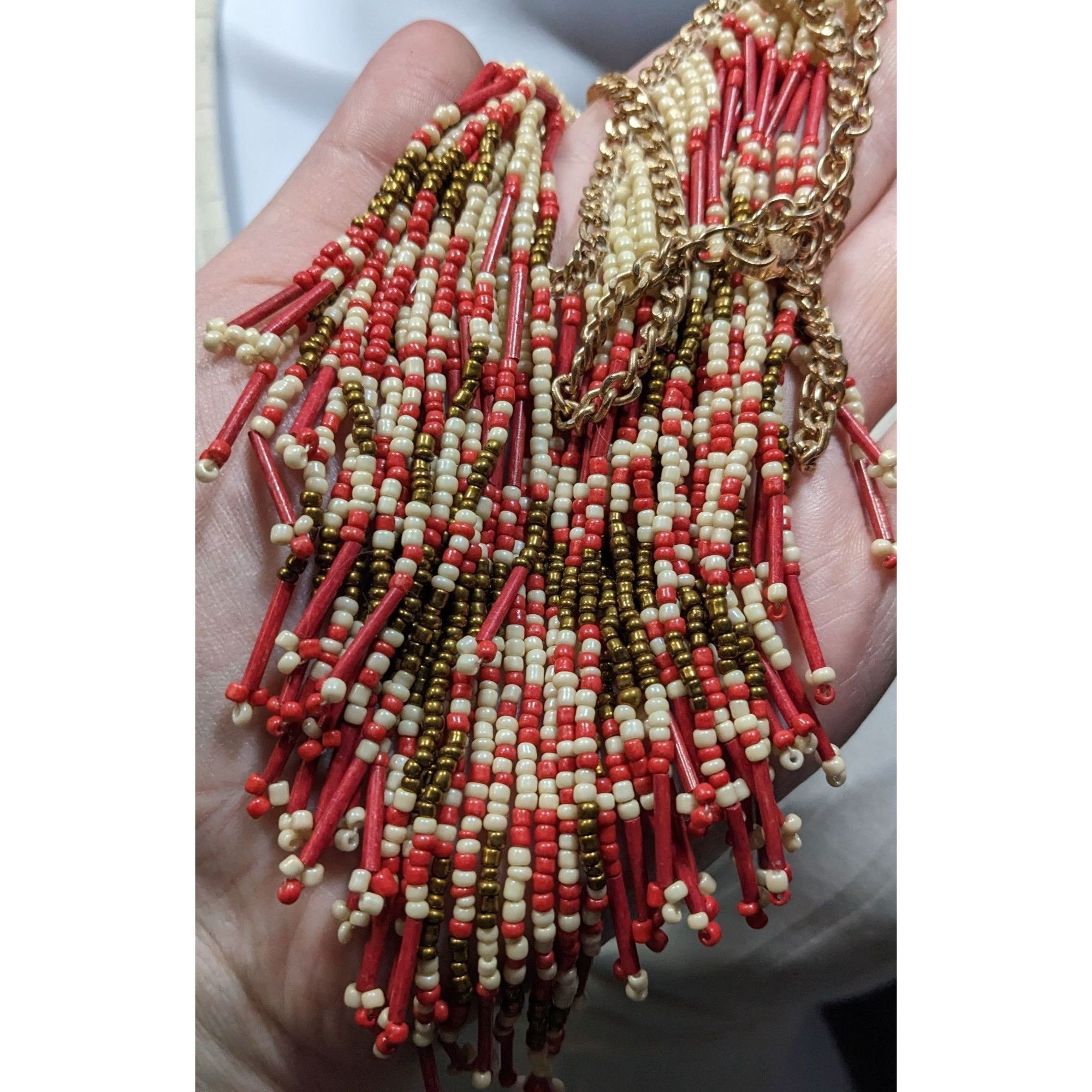 Other Bohemian Handmade Beaded Fringe Necklace In Red Cream & Gold Size ONE SIZE - 5 Thumbnail