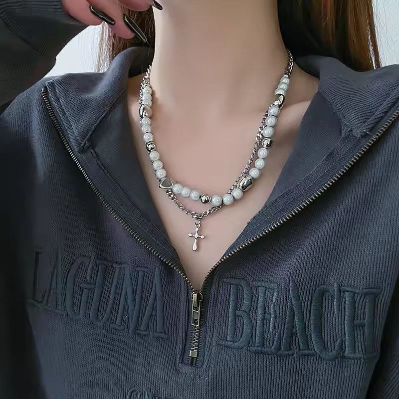 Jewelry Double Layer Chain Cross Necklace in Silver, Men's