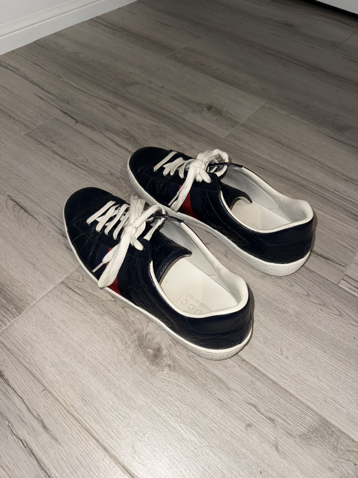 Gucci Gucci Dark Blue Guccissima Leather Ace Web Low Top Sneakers Size US 8.5 / EU 41-42 - 2 Thumbnail