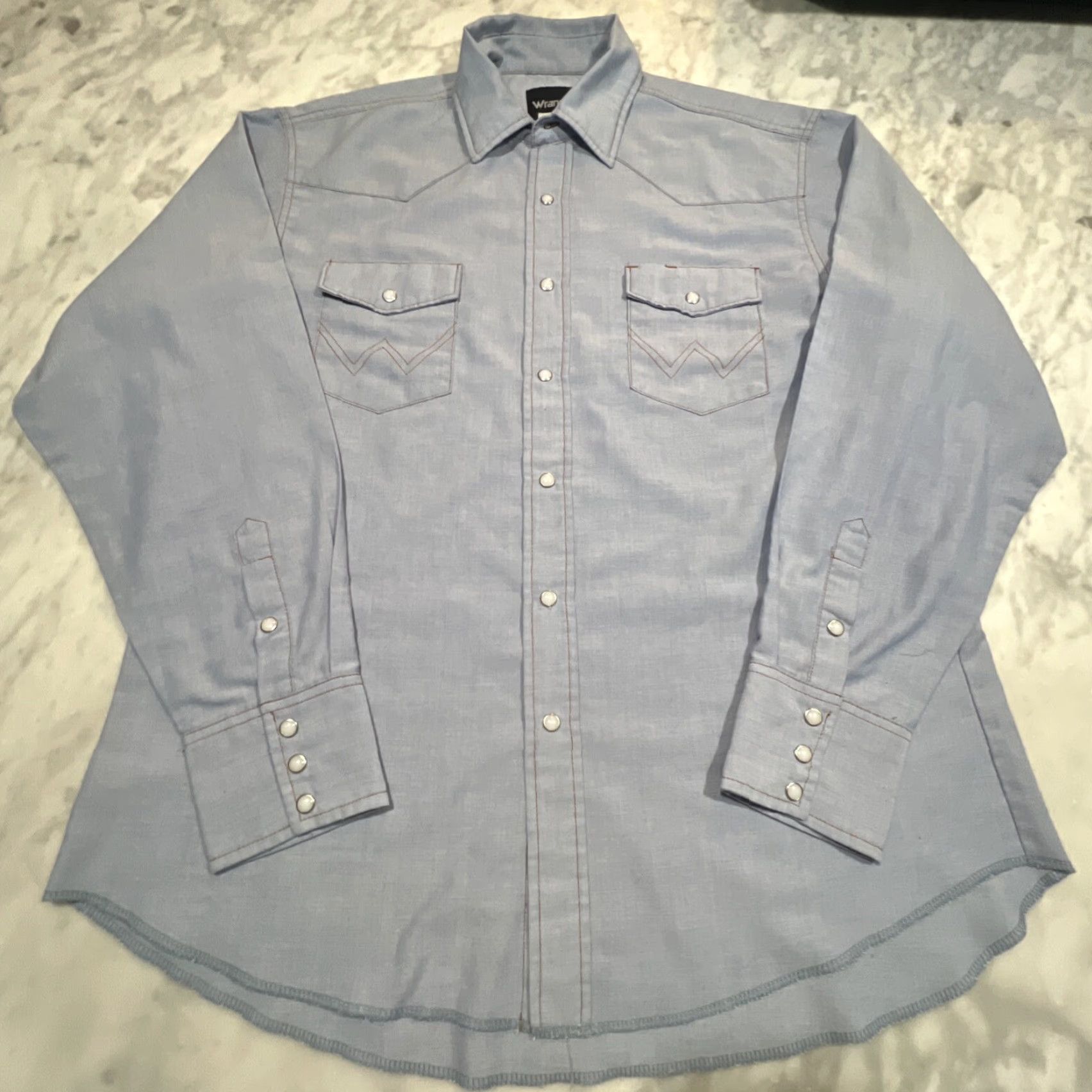 Wrangler VINTAGE Wrangler Pearl Snap Western Shirt Men’s 17-36 Regular Fit Long Tails Blue Polyester Pockets Embroidered Cowboy Casual Workwear Size US XL / EU 56 / 4 - 3 Thumbnail