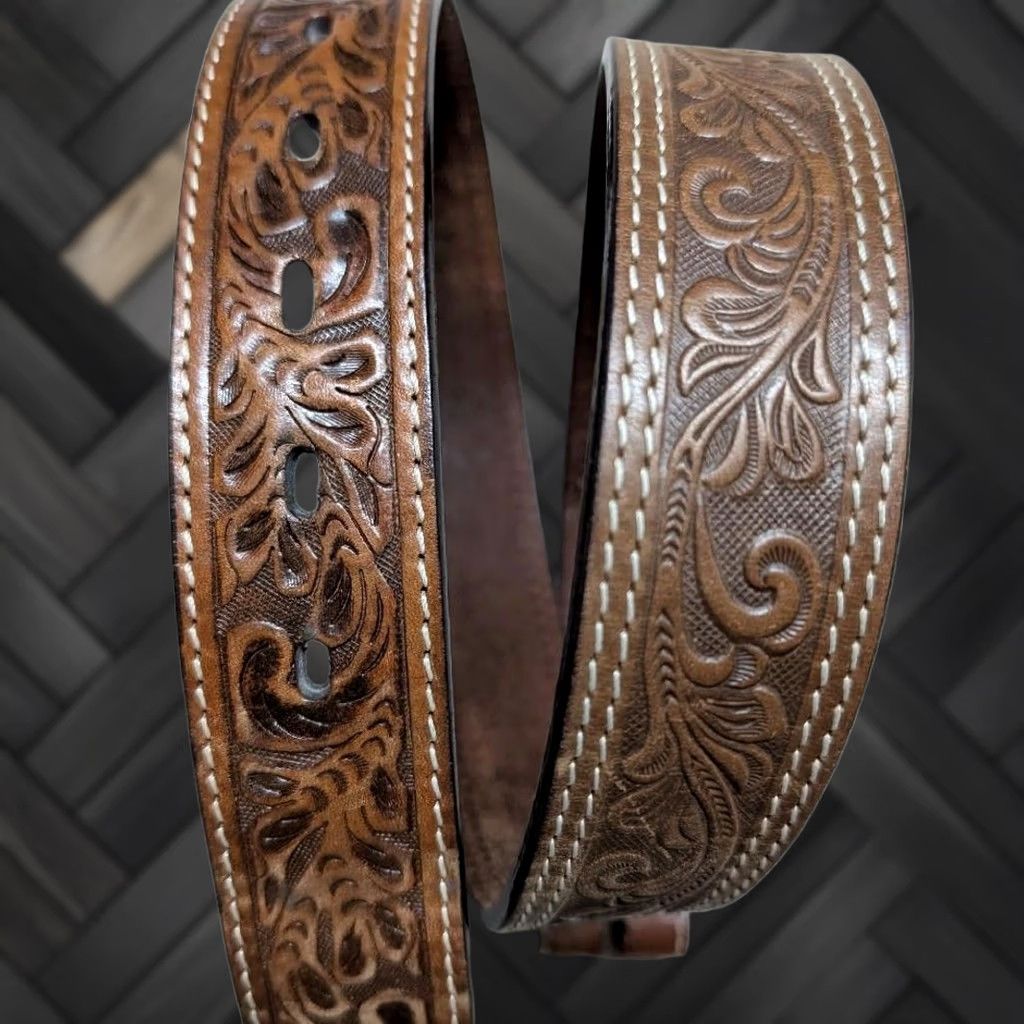 Vintage VINTAGE tooled western belt 32 brown cowhide leather 3D belt Mens belt Western buckle belt Size 32 - 1 Thumbnail