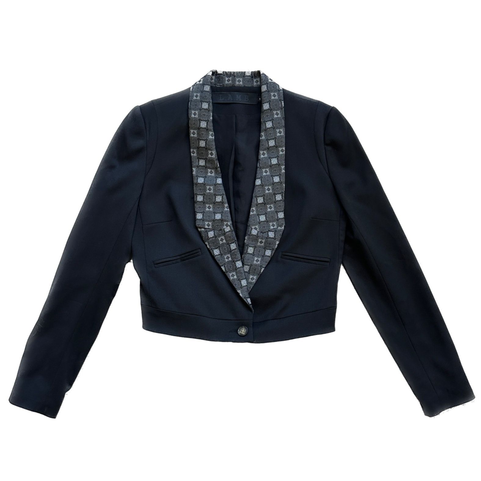 image of L A M B L.a.m.b Jacquard Lapel Wool Cropped Blazer Black Grey Size 4, Women's