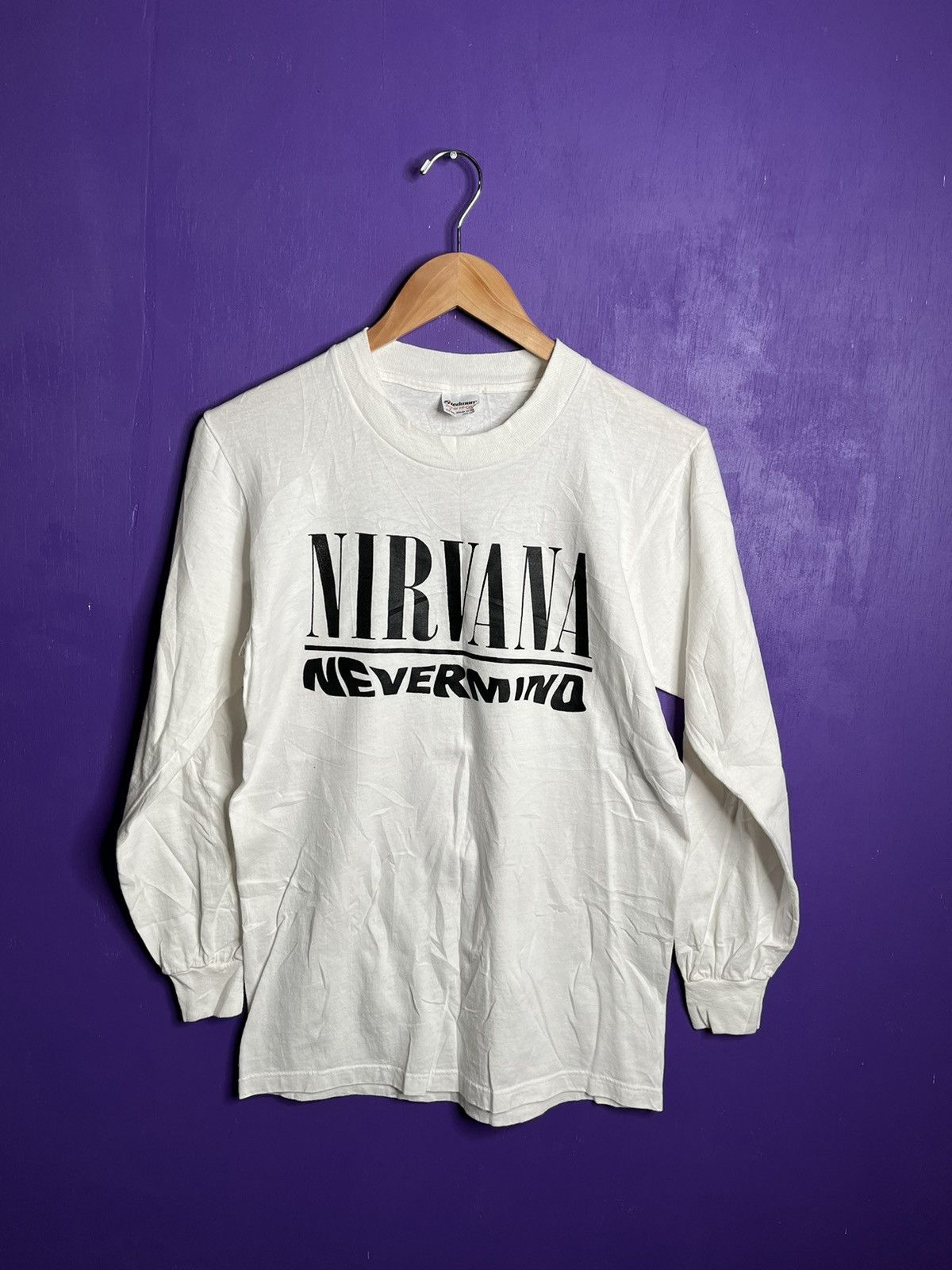 image of Band Tees x Nirvana Vintage 80's Nirvana Never Mind Long-Sleeve T-Shirt in White, Men's (Size Small