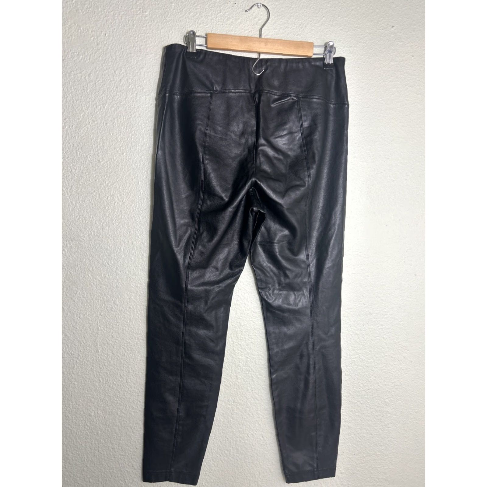 Vintage Catherine Malandrino Pants Womens Large Black Rayon Blend Faux Leather Pull On Skinny High Rise Flat Front Size 36" / US 14 / IT 50 - 6 Thumbnail