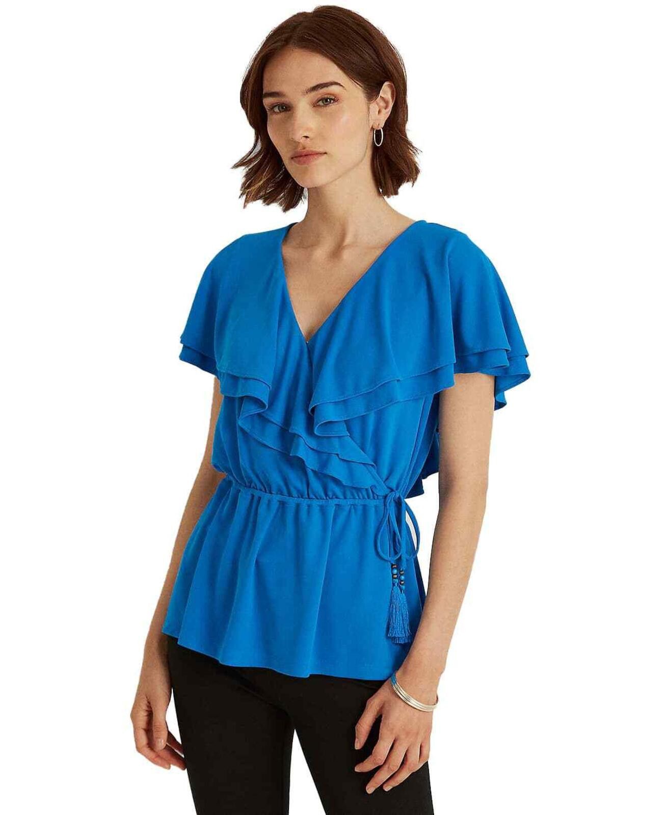 Lauren Ralph Lauren Lauren Ralph Lauren Blue Ruffle Trim Surplice Jersey Top Size M / US 6-8 / IT 42-44 - 1 Thumbnail