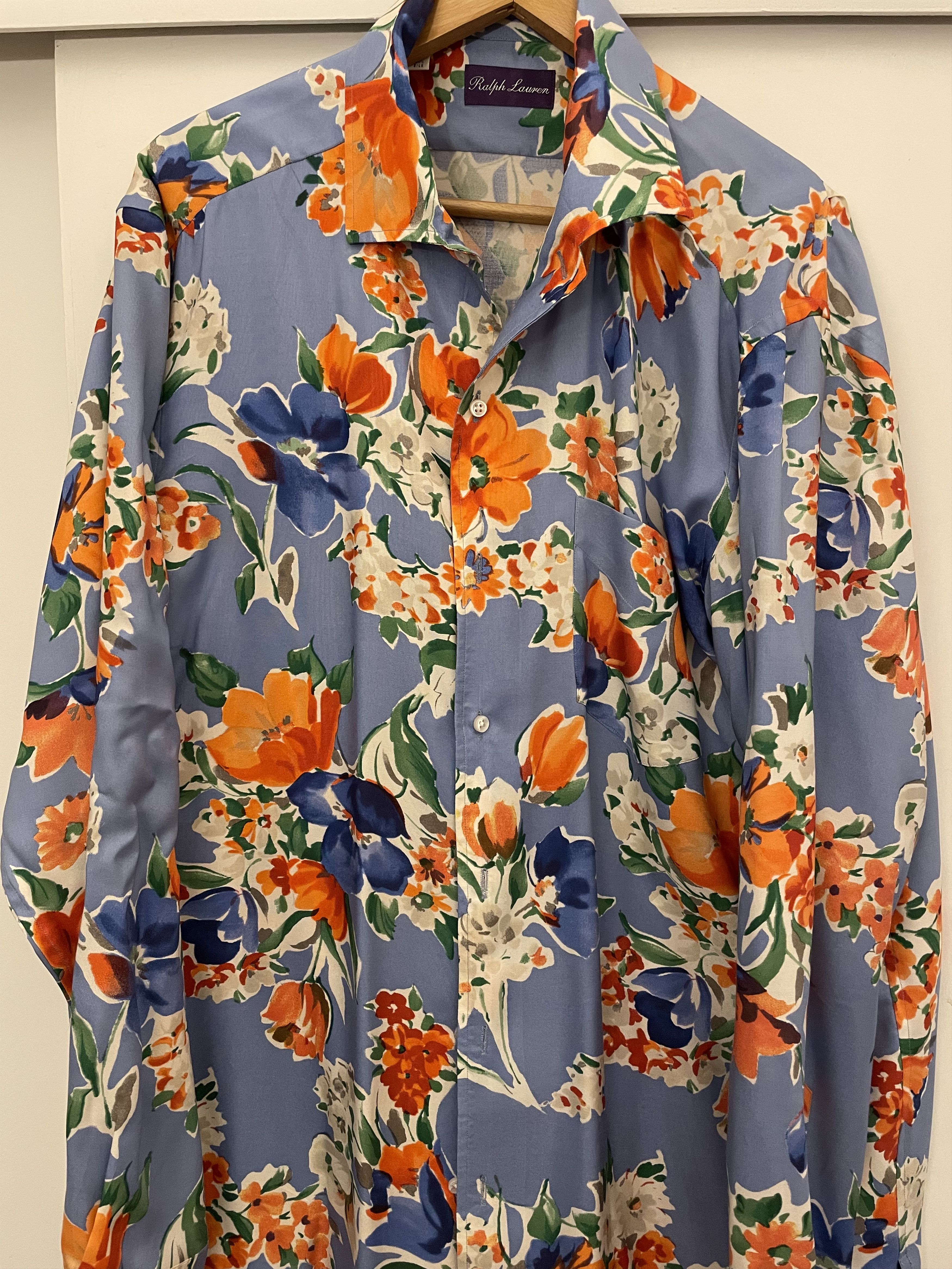Ralph Lauren Purple Label Floral Blue 100% silk shirt Size US XL / EU 56 / 4 - 1 Thumbnail