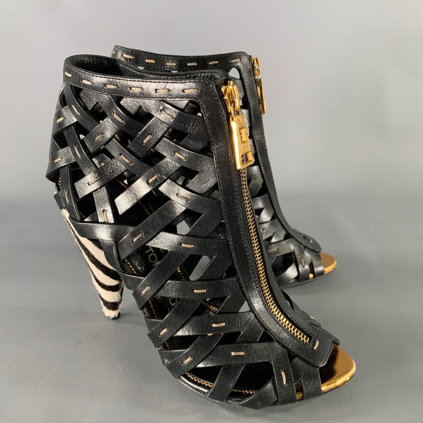Tom Ford TOM FORD 7.5 Black Gold Leather Mixed Pattern Zip Up Boots Size US 7.5 / IT 37.5 - 1 Thumbnail