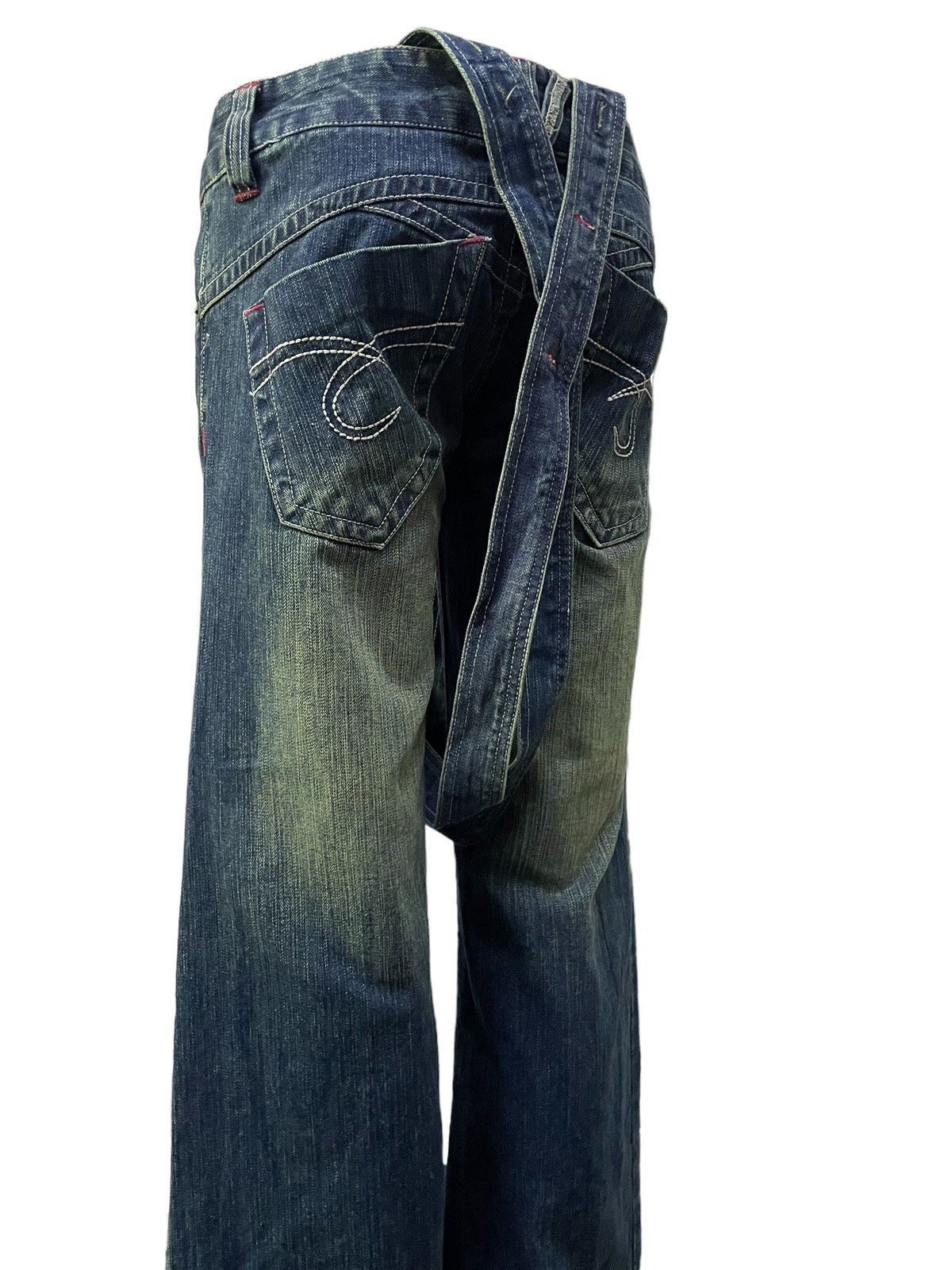 If Six Was Nine × Le Grande Bleu (L.G.B.) Spica Japan Mud Mooss Flared Wide Parachute Suspender Jeans Size US 30 / EU 46 - 7 Thumbnail