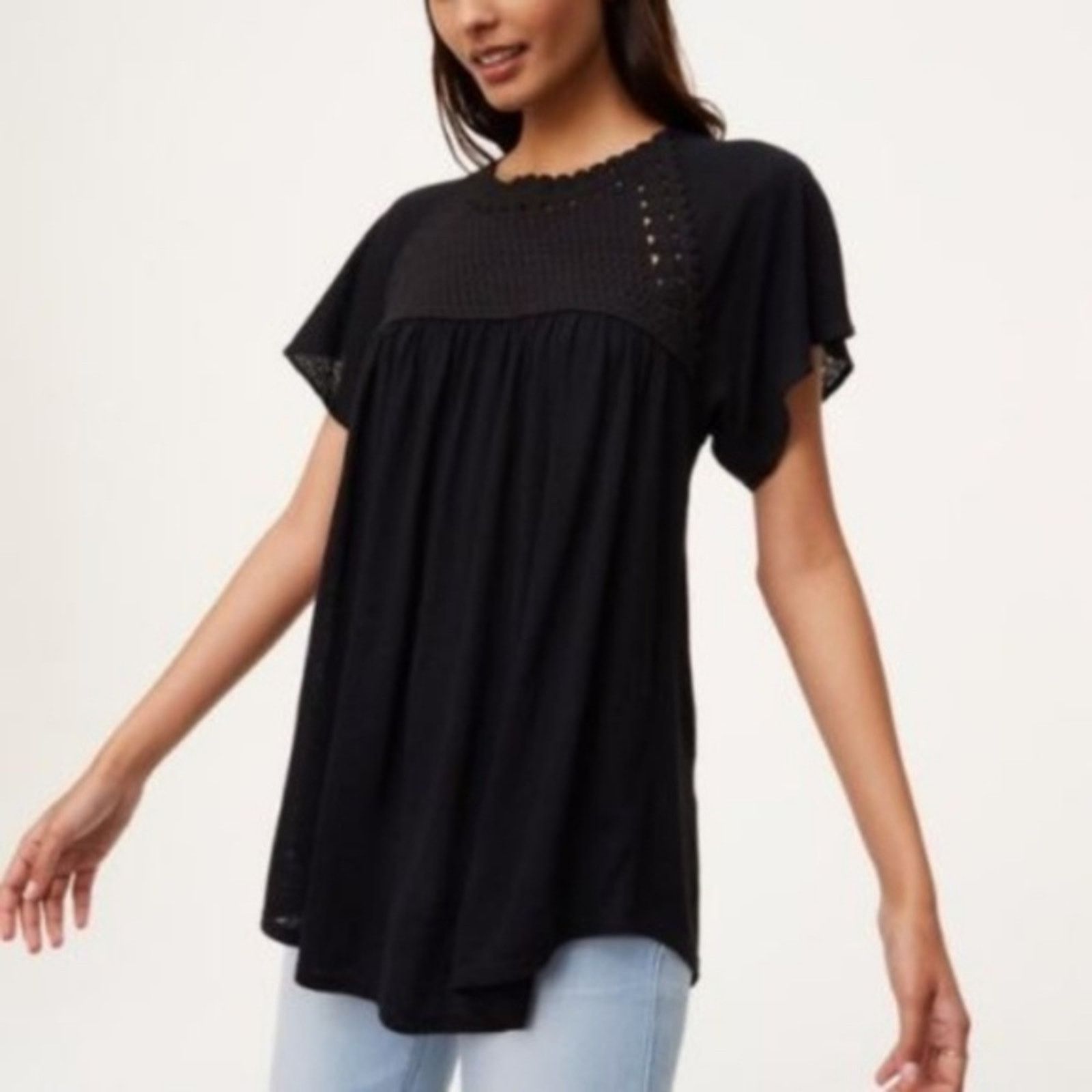 Loft LOFT Black Crochet Yoke Top Size S / US 4 / IT 40 - 2 Thumbnail