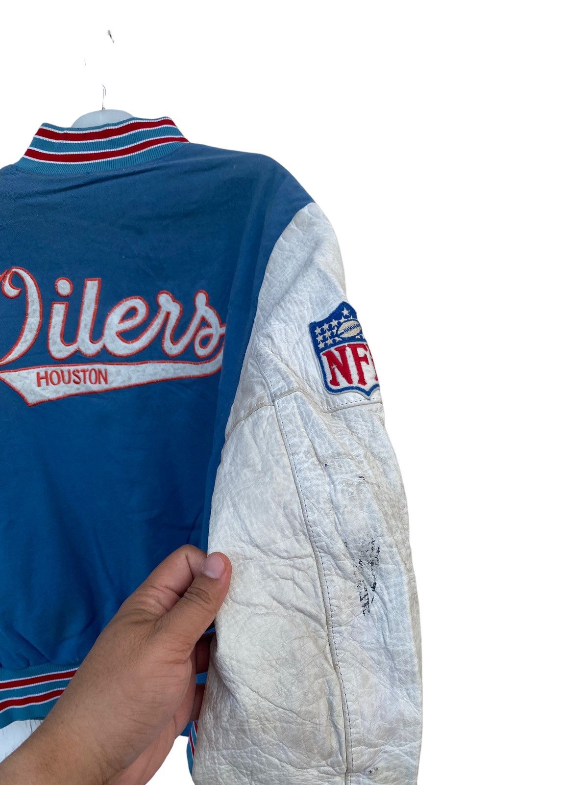NFL VINTAGE HOUSTON OILERS DISTRESSED VARSITY JACKET Size US M / EU 48-50 / 2 - 8 Thumbnail