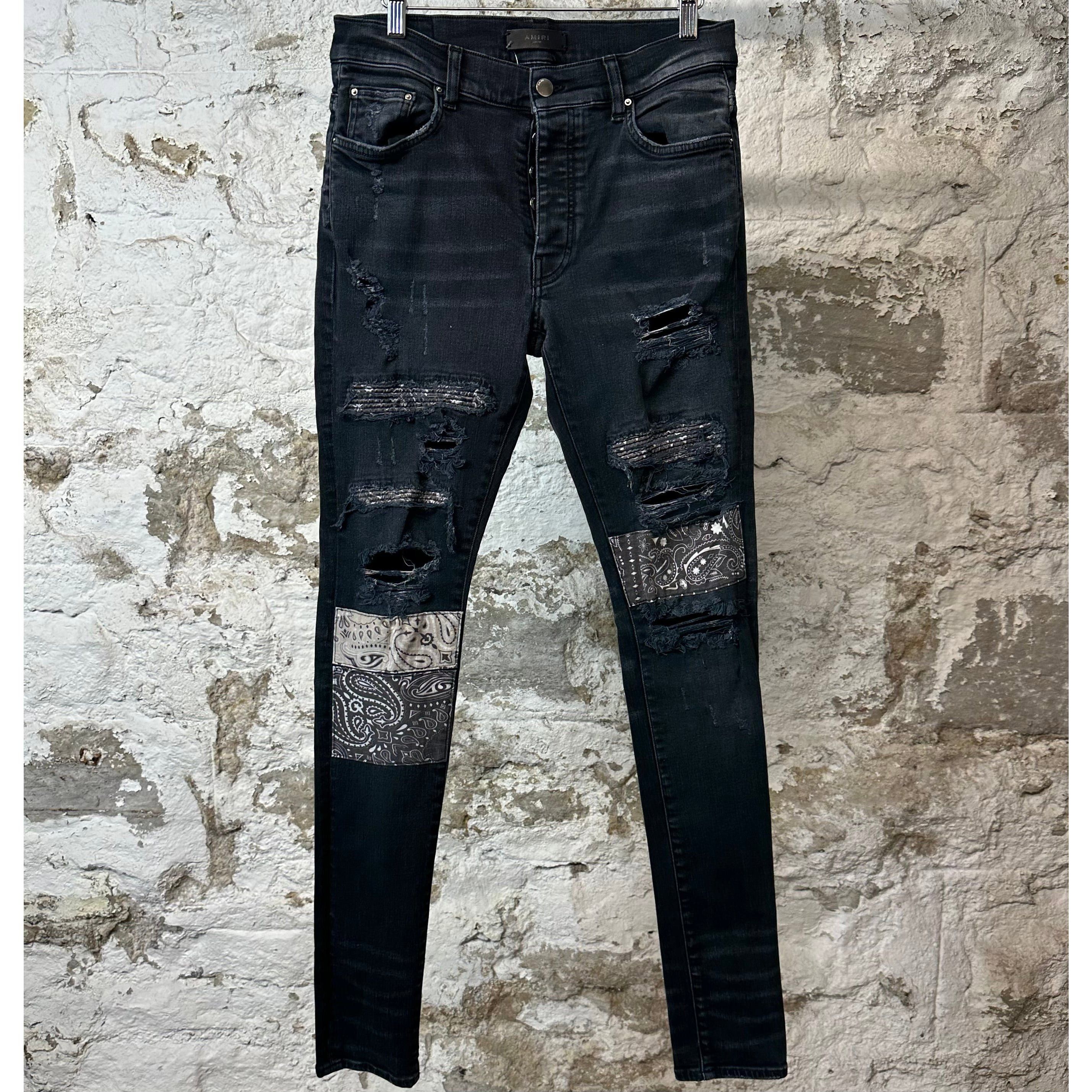 Amiri MX1 Grey Paisley Patches Black Denim Jeans Sz 31