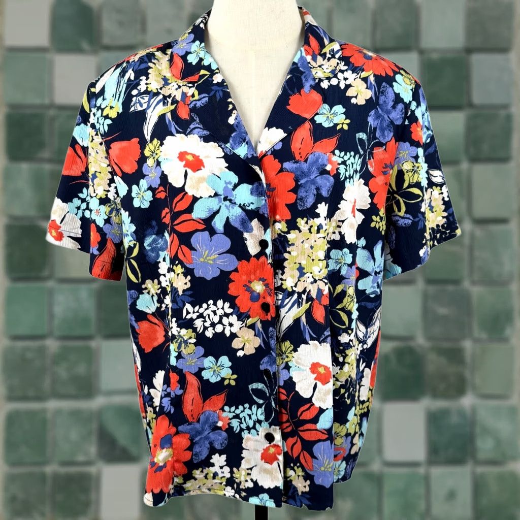 Vintage VINTAGE Alfred Dunner Blouse Navy Floral Shoulder Pads Y2K EUC Size XXL / US 16-18 / IT 52-54 - 1 Thumbnail