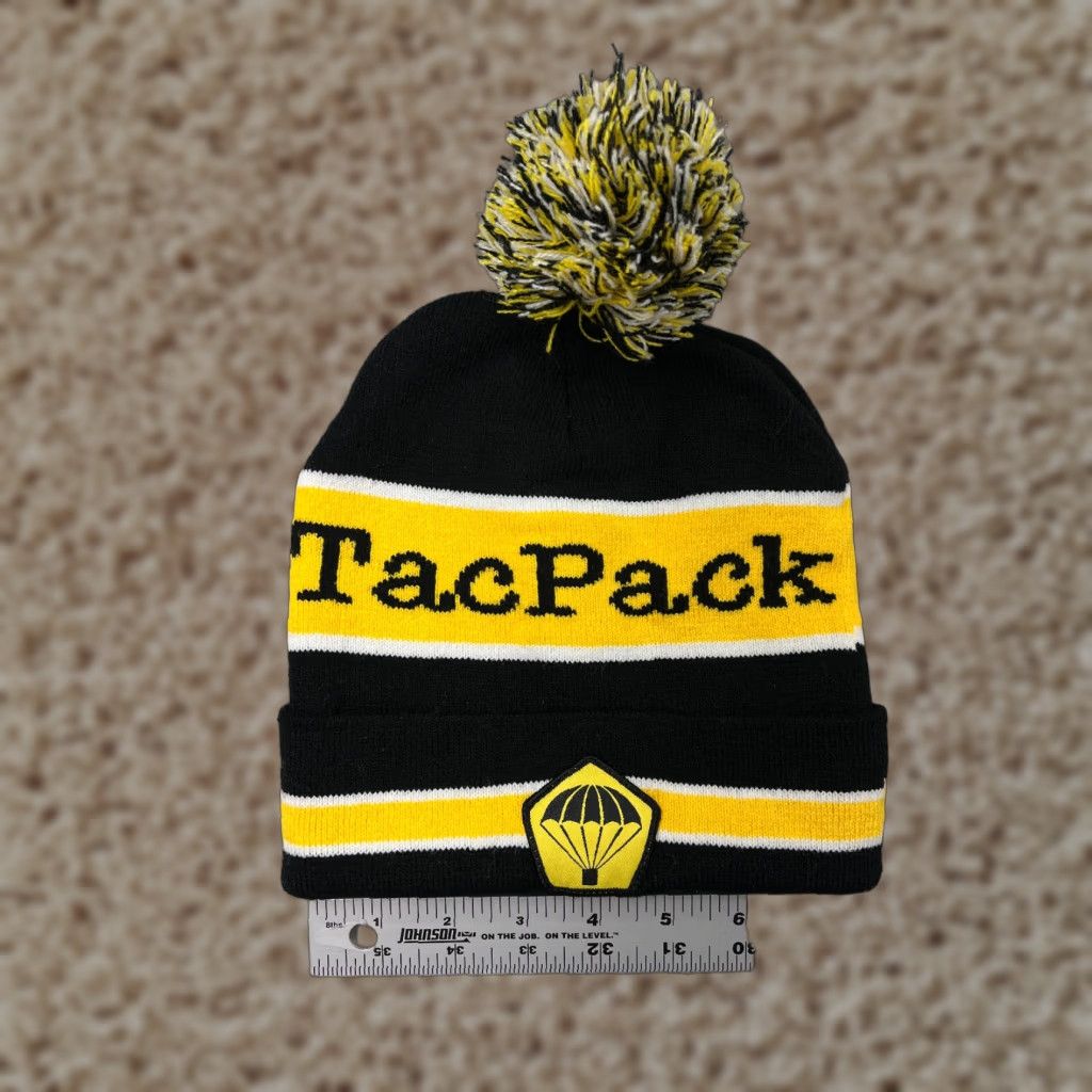 Vintage TacPack Beanie TacPack Hat Adult One Size Beanie Black Yellow Knit 100% Acrylic Ski Snow Pom Striped - Mens Size ONE SIZE - 1 Thumbnail