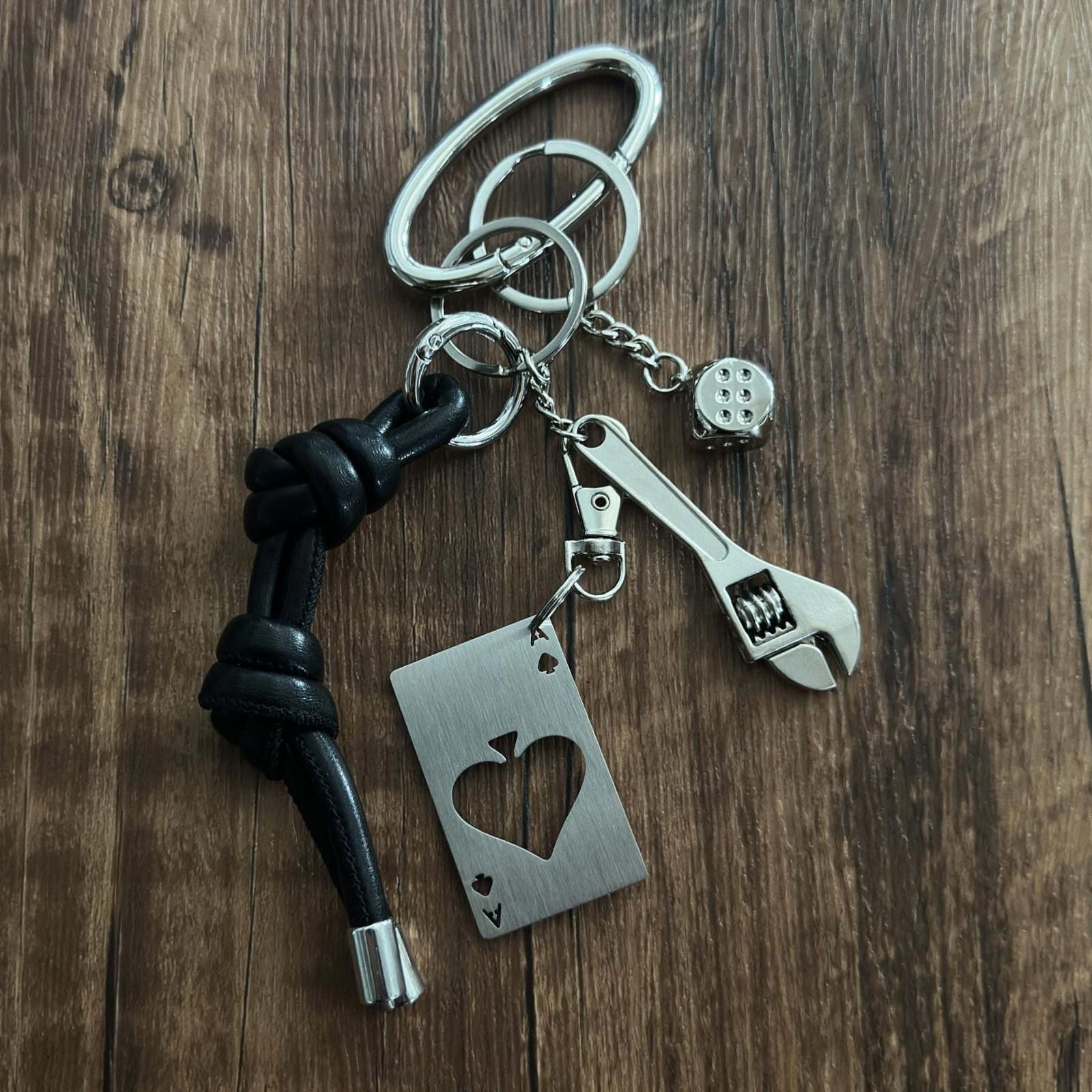 Jewelry Black Leather Knot Keychain with Metal Wrench & Dice Charms Size ONE SIZE - 6 Thumbnail