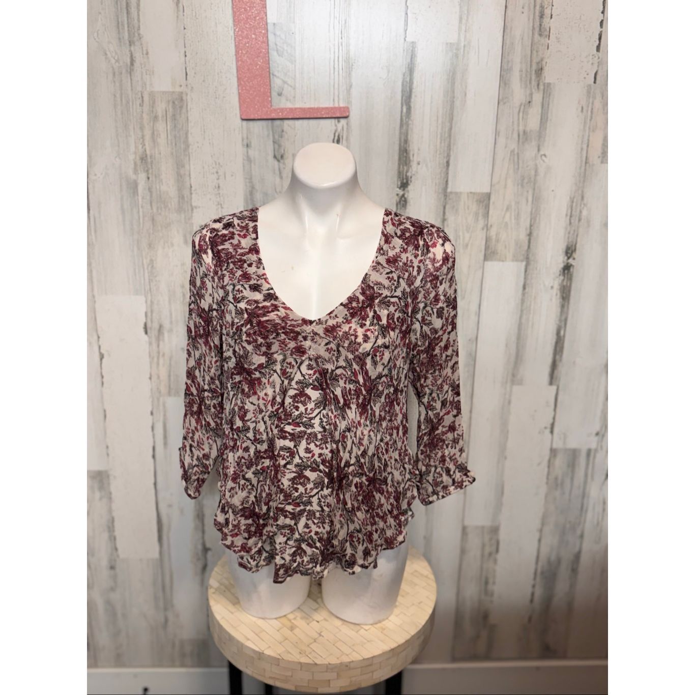 Lucky Brand Lucky Brand Boho Floral Peasant Top | Burgundy Cream Sheer Flowy Blouse – Size Large Size L / US 10 / IT 46 - 7 Thumbnail