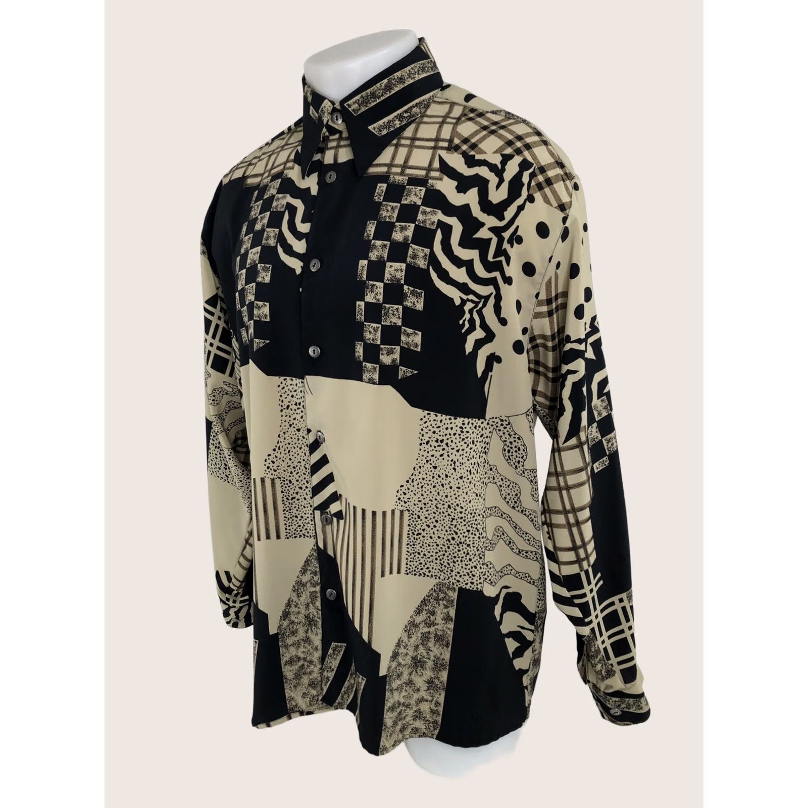Vintage SANGI USA - 1990s Vintage Geometric Mens Shirt Md/Lg - Button-Up Long Sleeve Black / Tan Mens Size US M / EU 48-50 / 2 - 1 Thumbnail
