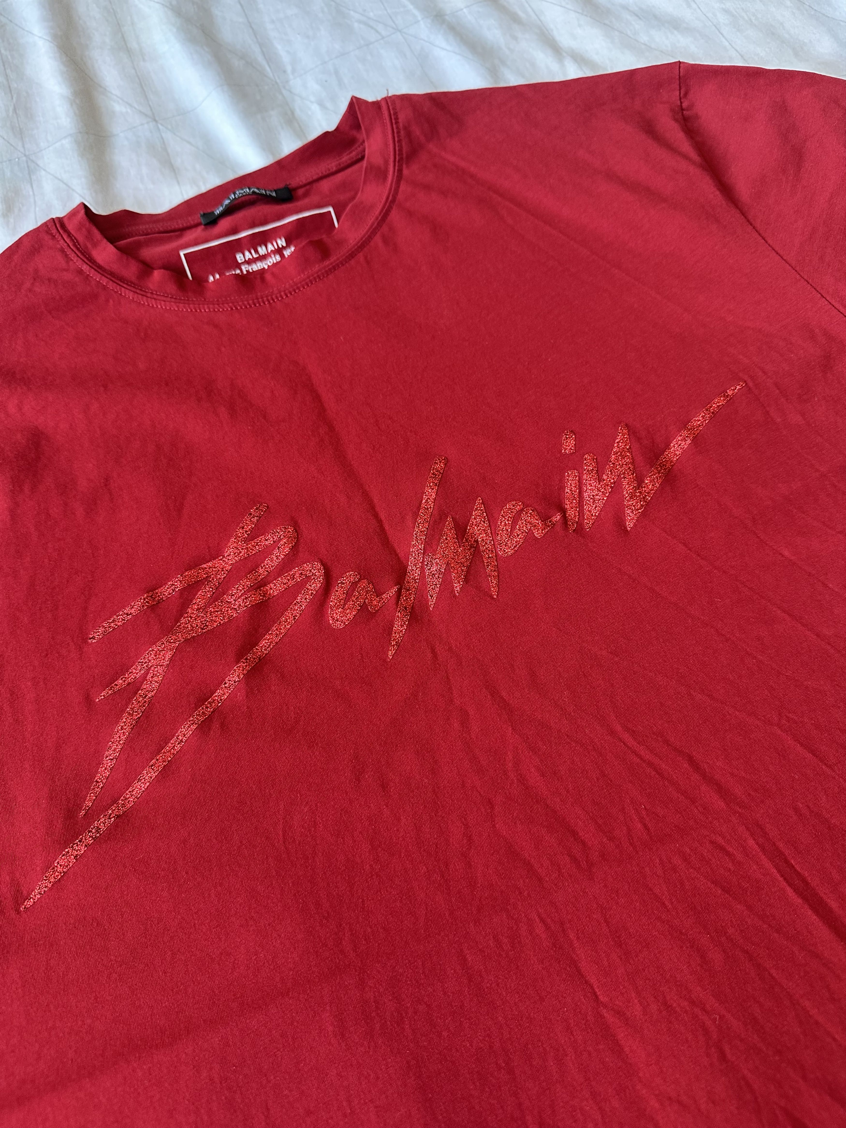 Balmain Balmain Printed Signature Logo Red T shirt Shiny Archive Size US L / EU 52-54 / 3 - 2 Thumbnail
