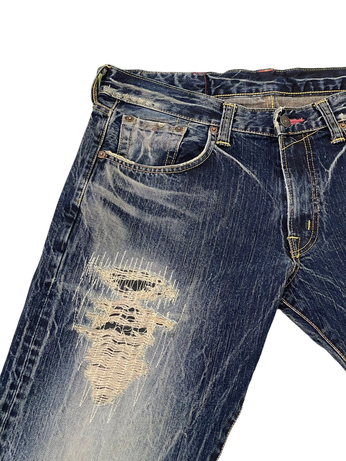 Edwin Distress Patchwork Edwin Japan Faded Acid Wash Loose 7🟦4 Size US 35 - 8 Thumbnail