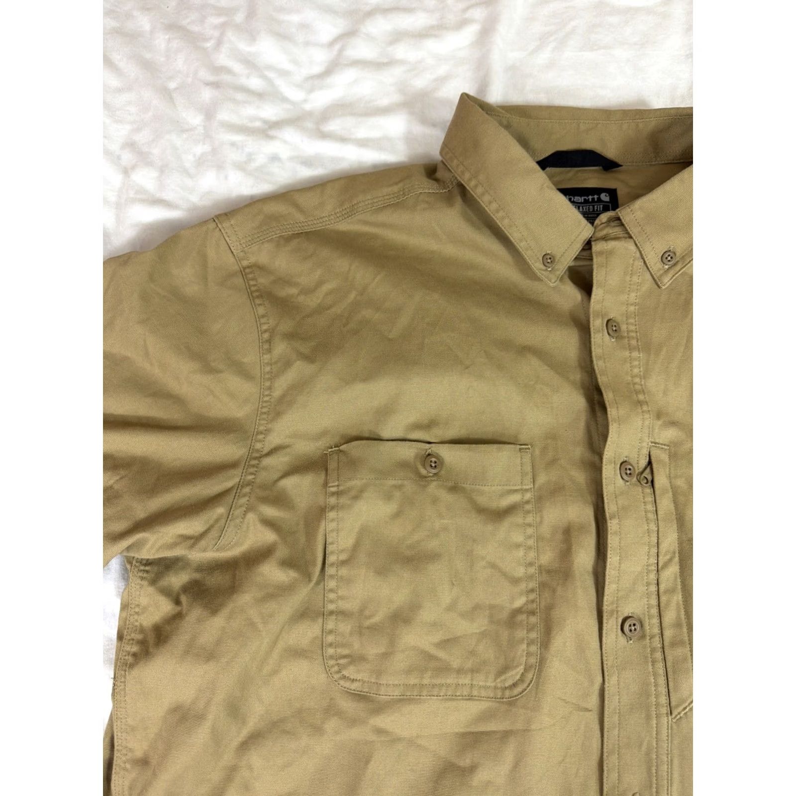 Carhartt Carhartt Shirt Mens XXL Beige Button-Up Embroidered Rugged 106688 Short Sleeve Solid Canvas Pocket Zipper Breathing Easy Care Size US XXL / EU 58 / 5 - 4 Thumbnail