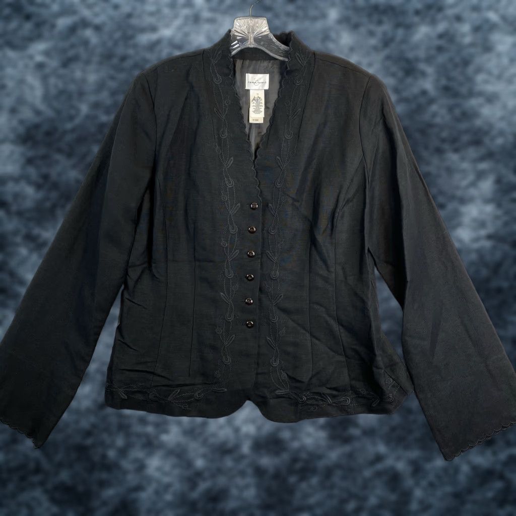 Vintage EMMA JAMES Blazer Womens 14 Black Embroidered Linen Button Up Lined V Neck NWT Jacket Size XL / US 12-14 / IT 48-50 - 1 Thumbnail
