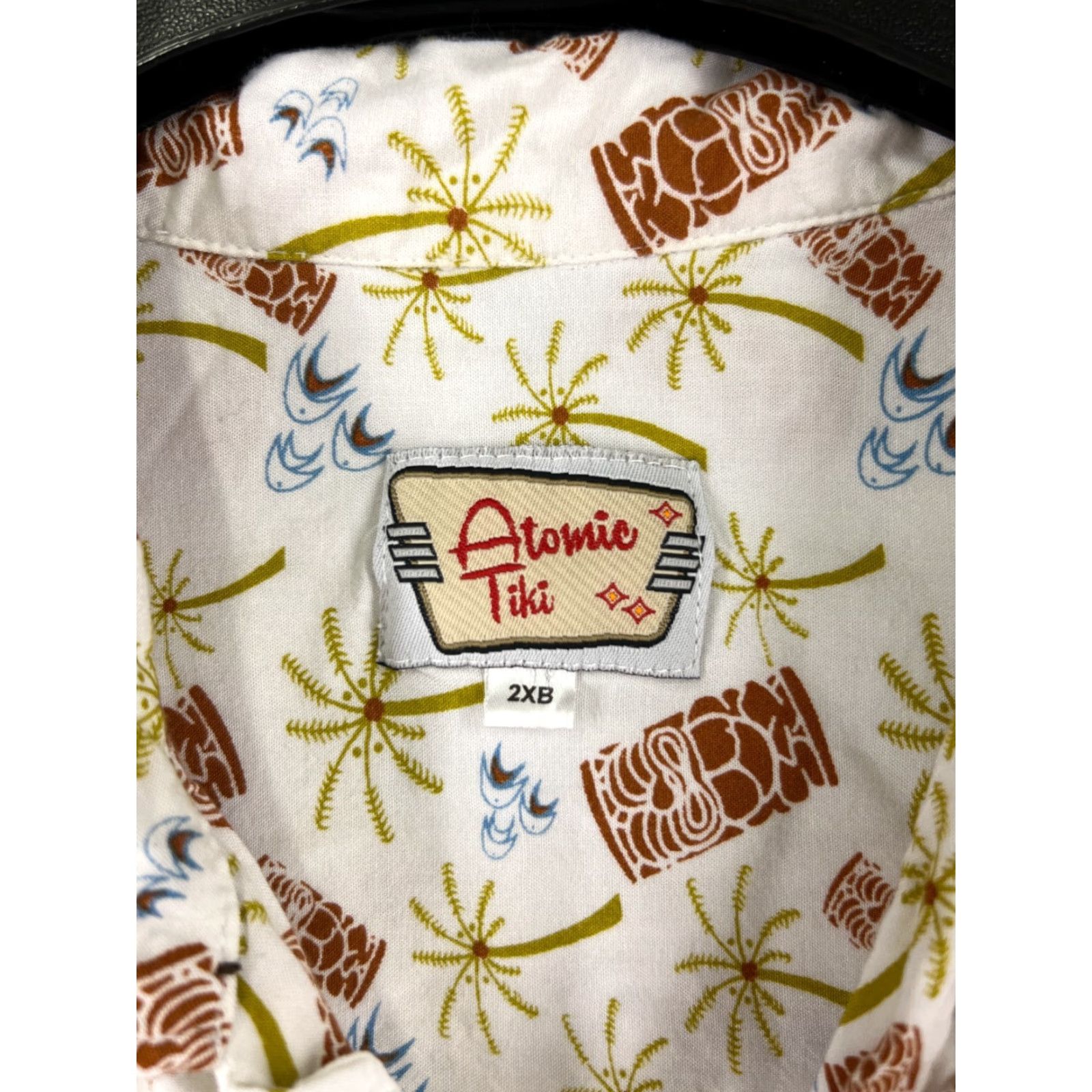 Atomic Atomic Tiki Shirt Adult 2XL White Brown Palm Tree Hawaiian Button Rockabilly Size US XXL / EU 58 / 5 - 7 Thumbnail