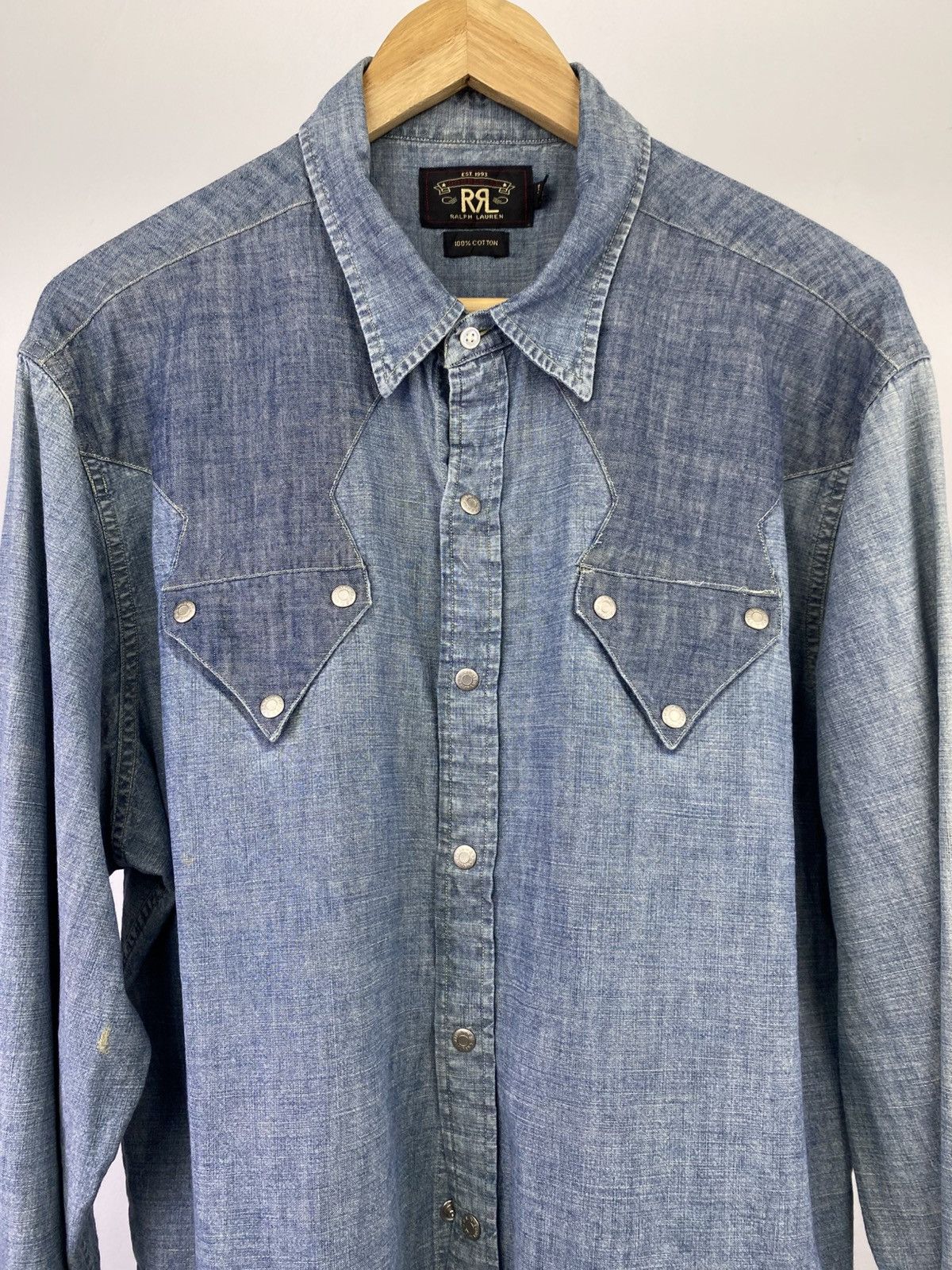 RRL Ralph Lauren 2000's Double RL Chambray Shirt Size US XL / EU 56 / 4 - 5 Thumbnail
