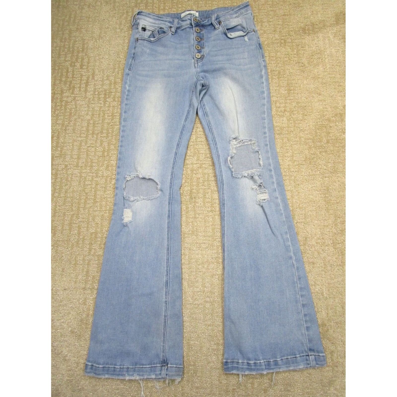Vintage KanCan Jeans Women 31 Light Blue High Rise Flared Distressed 5-Pocket Denim Pants Shine Logo Bohemian Hippie 90s Style Womens Size 24" / US 00 / IT 34 - 2 Thumbnail