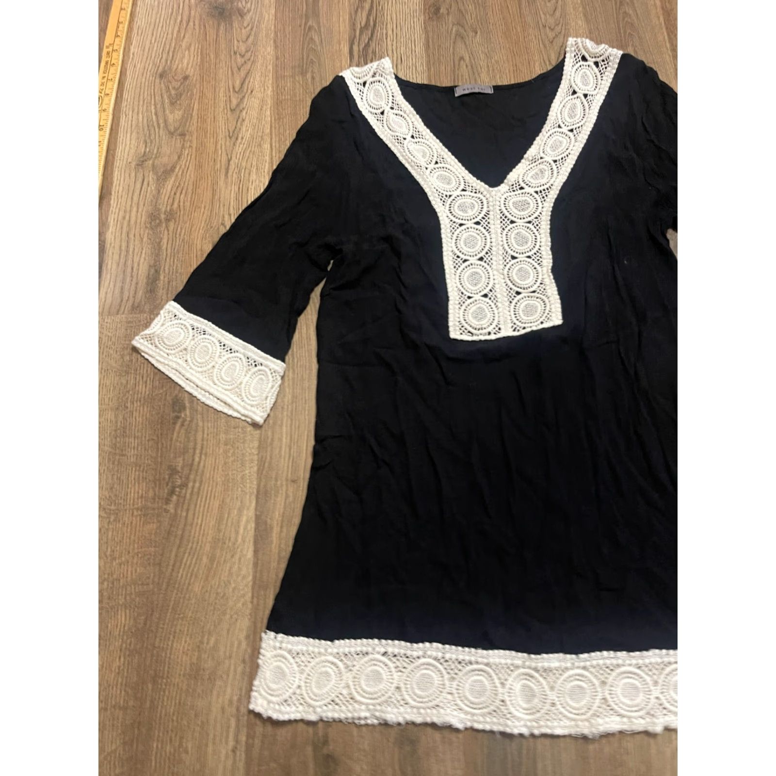 Vintage West Kei Dress Women's M Lace 3/4 Sleeve Knee Length Black White Casual Fit & Flare Dress Womens Size M / US 6-8 / IT 42-44 - 3 Thumbnail