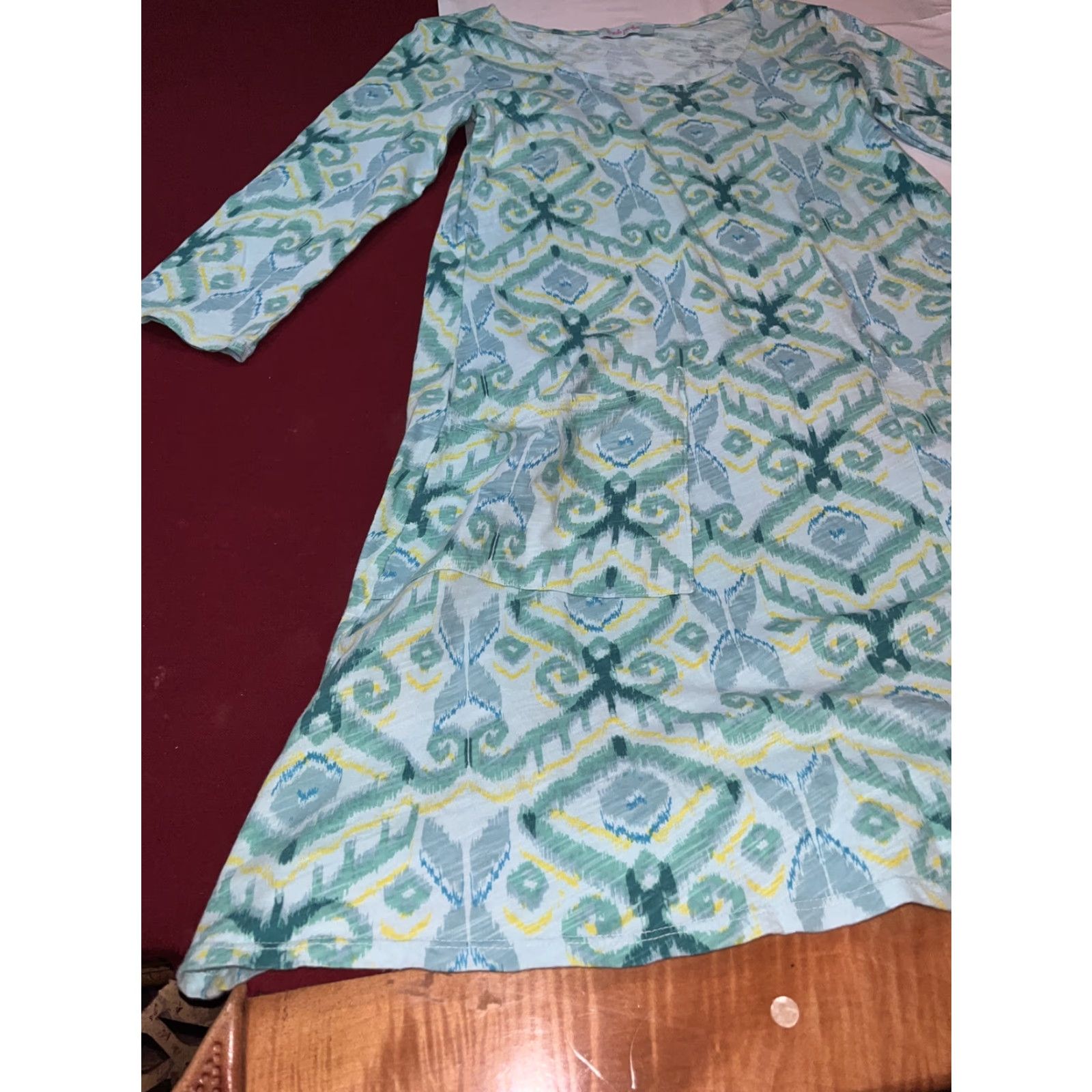 Vintage FRESH PRODUCE Cotton Knit Jersey Dress Aqua Blue Yellow 3/4 Sleeve Pockets A Line XS Pullover Geometric Shirt Dress Women Casual Dress Size XS / US 0-2 / IT 36-38 - 5 Thumbnail