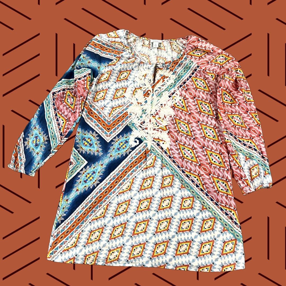 Vintage SUNDANCE Top Womens Small Geometric Floral Adisa Beach Coverup Tunic Shirt 3/4 Size S / US 4 / IT 40 - 1 Thumbnail