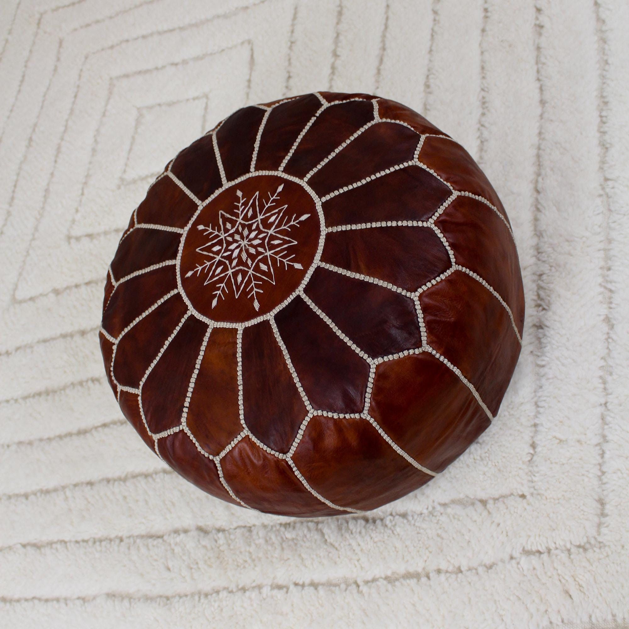 Leather × Vintage Round Handmade Leather Dark Brown Pouf Size ONE SIZE - 5 Thumbnail