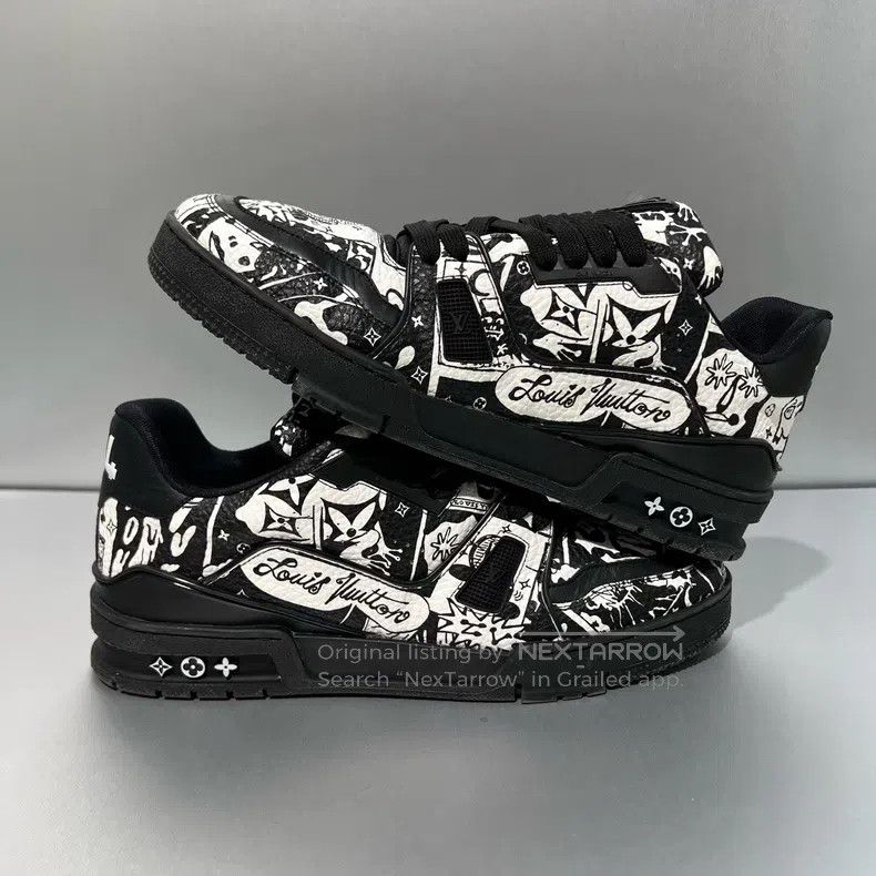 Louis Vuitton Trainer Black and White Graffiti Board Shoes