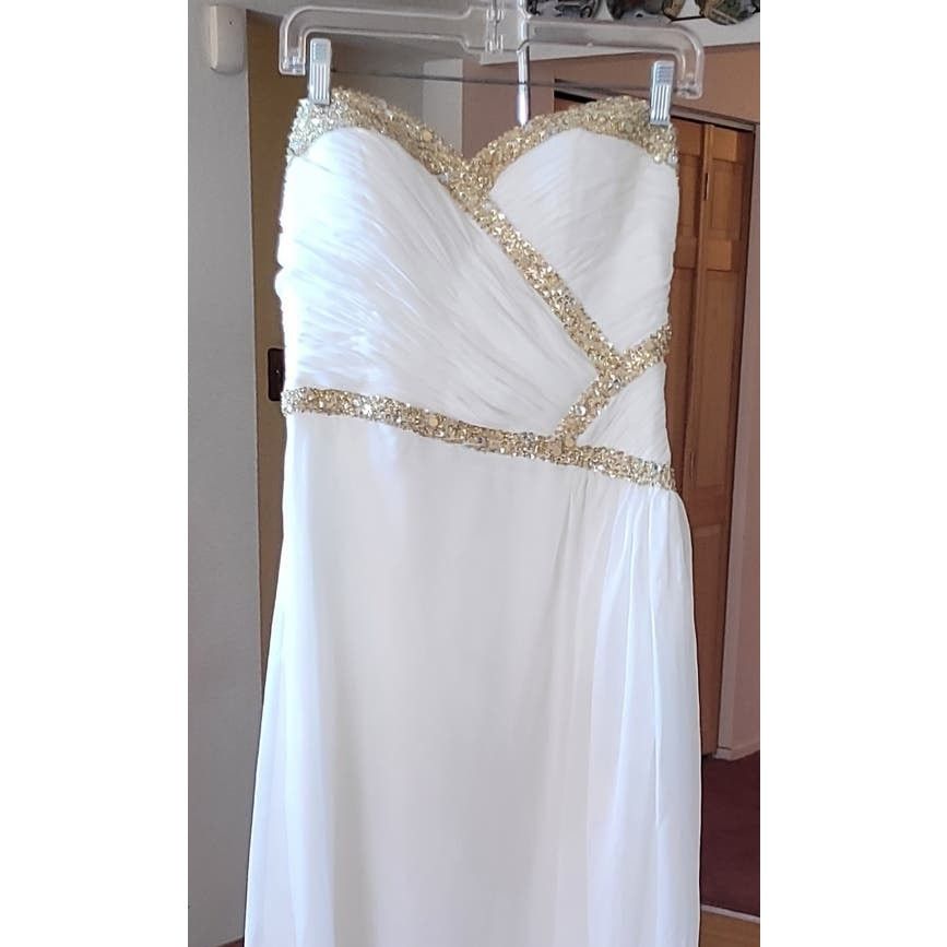 Vintage Prom Dress L Strapless White Gold Sequins Grecian Y2K Size L / US 10 / IT 46 - 2 Thumbnail