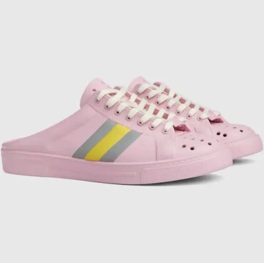 Nib Gucci Ace Web Pink Rubber Platform Mule Shoes Sneakers It 39, Women's
